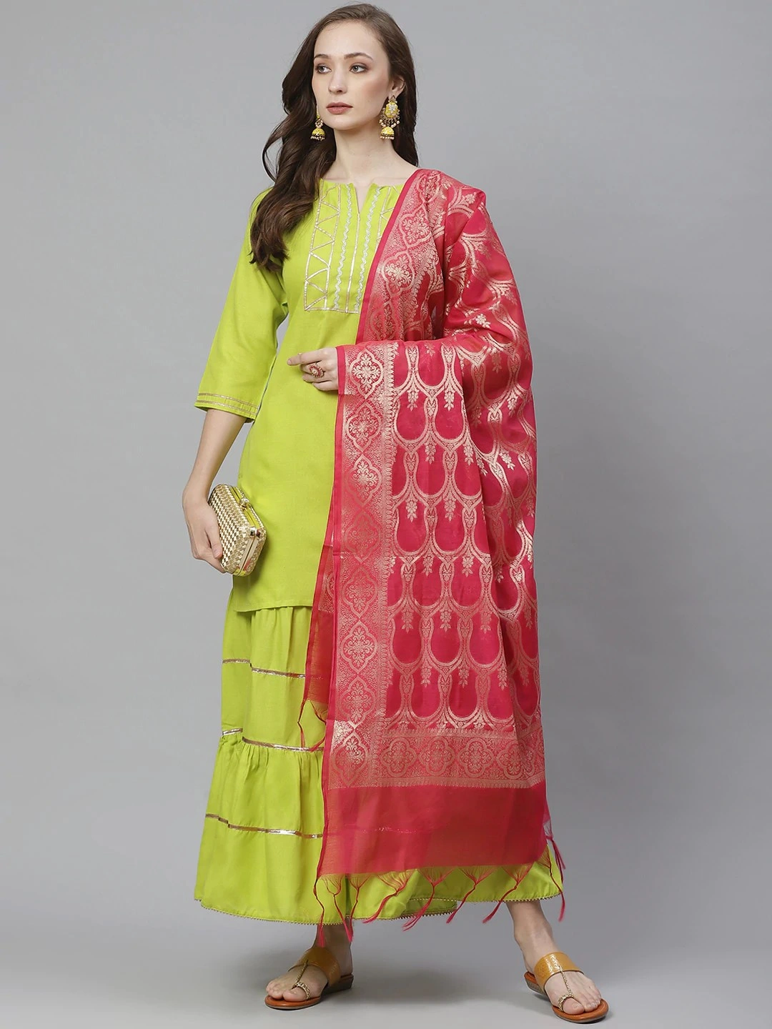 Bhama Couture Women Lime Green &amp; Pink Solid Kurta with Sharara &amp; Dupatta-BHKS305_L