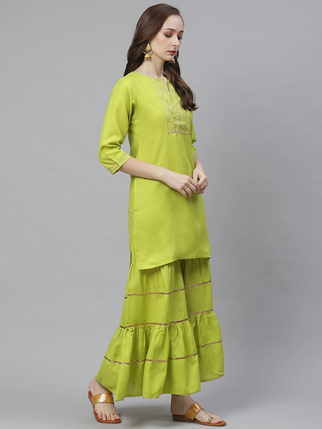 Bhama Couture Women Lime Green &amp; Pink Solid Kurta with Sharara &amp; Dupatta-L-1