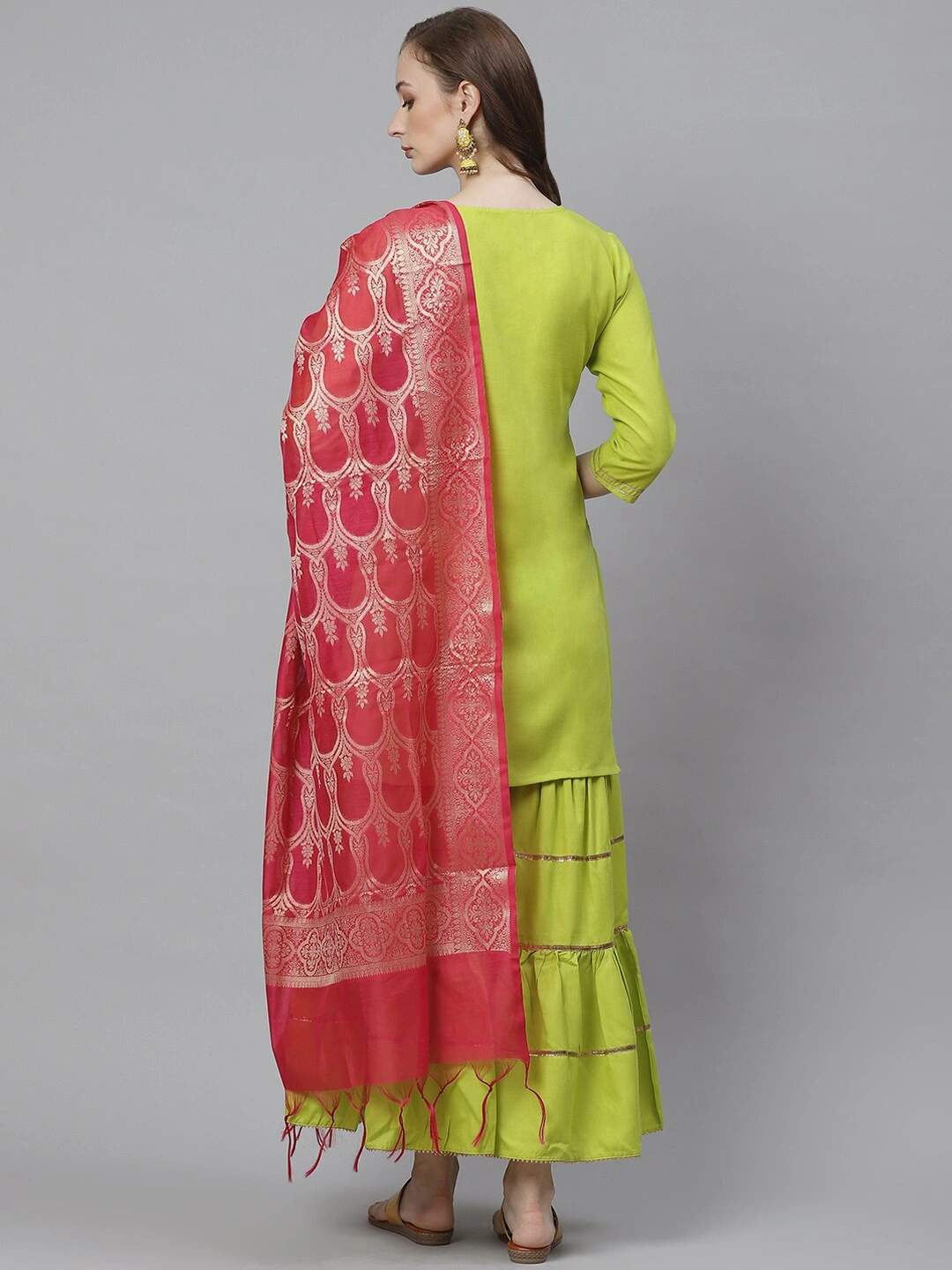 Bhama Couture Women Lime Green &amp; Pink Solid Kurta with Sharara &amp; Dupatta-S-2