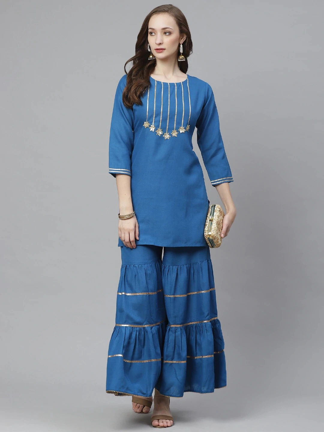 Bhama Couture Women Teal Blue Gotta Patti Yoke Design Kurta with Sharara-BHKS306_L