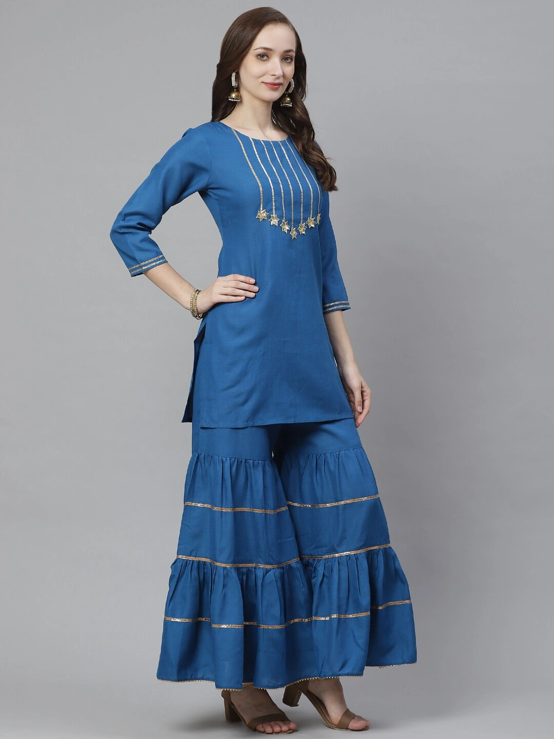 Bhama Couture Women Teal Blue Gotta Patti Yoke Design Kurta with Sharara-L-1