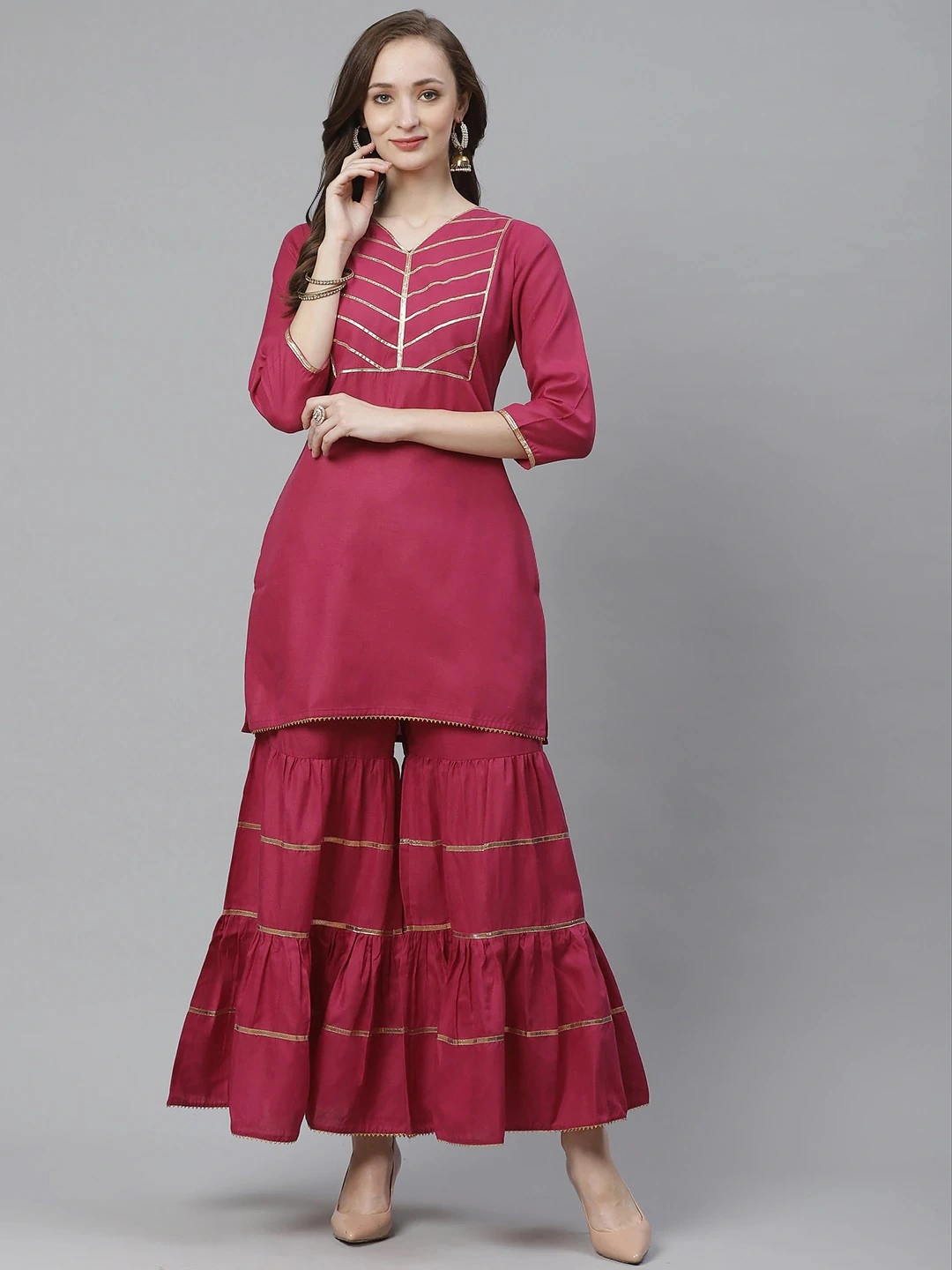 Bhama Couture Women Burgundy Yoke Design Kurta with Sharara-BHKS307_L