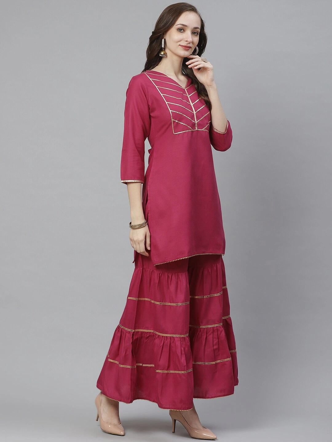 Bhama Couture Women Burgundy Yoke Design Kurta with Sharara-L-1