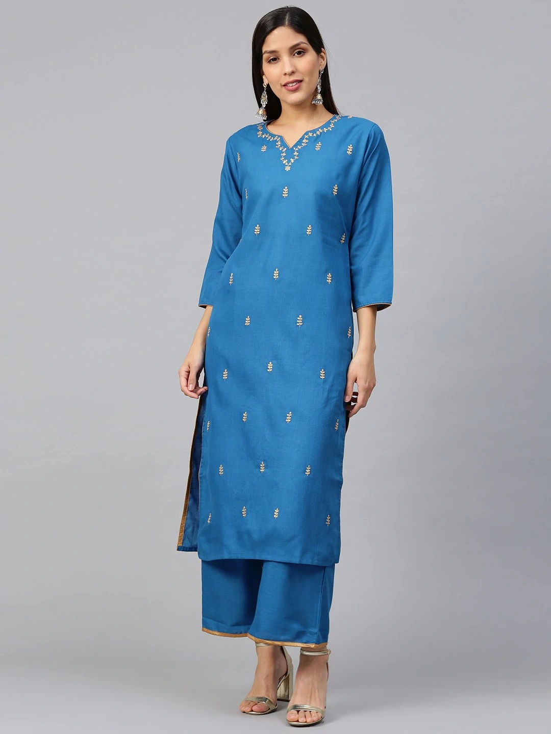 Bhama Couture Women Teal Blue &amp; Golden Gotta Patti Embroidered Kurta with Palazzos-BHKS308_L