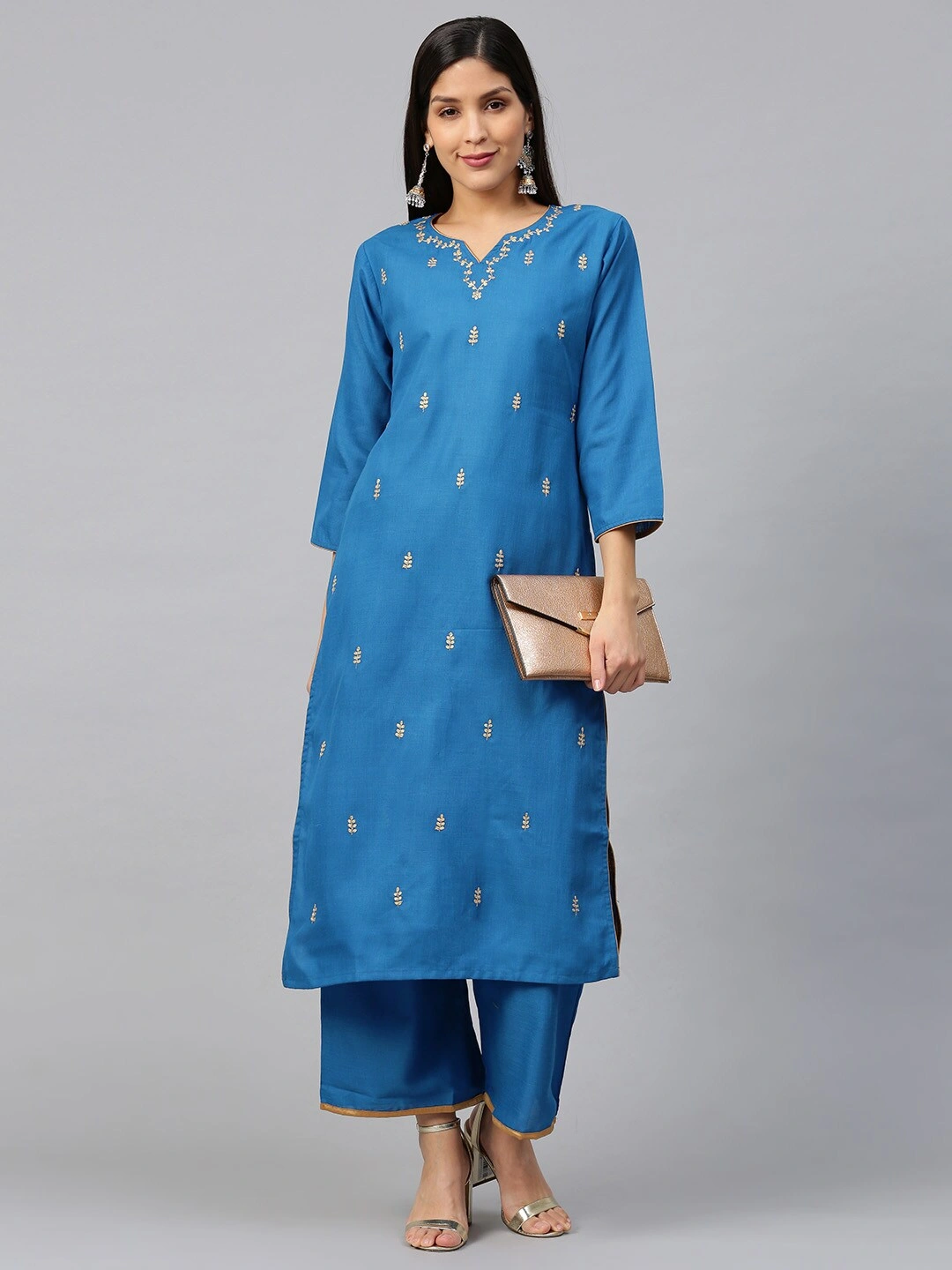 Bhama Couture Women Teal Blue &amp; Golden Gotta Patti Embroidered Kurta with Palazzos-L-1