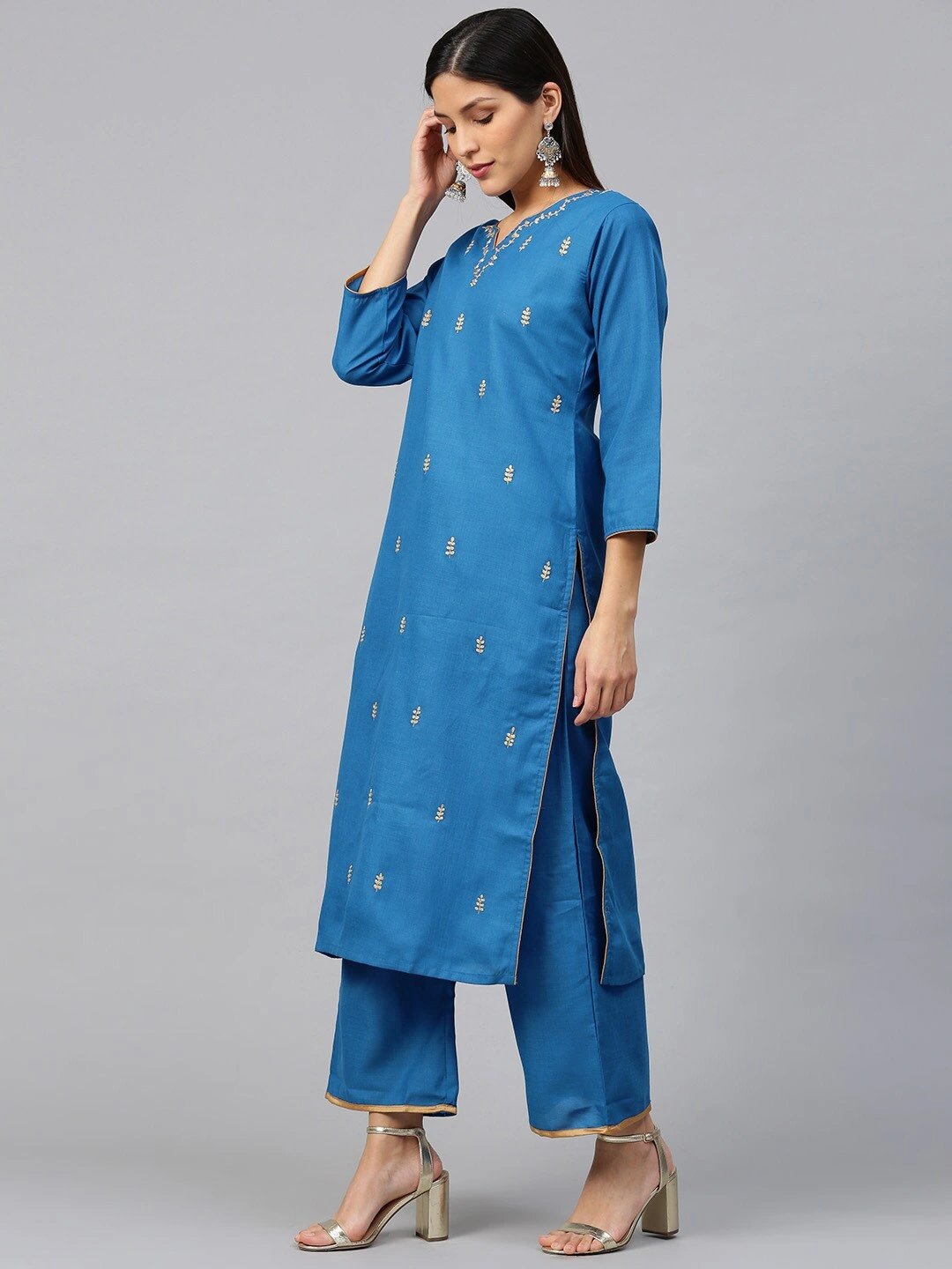 Bhama Couture Women Teal Blue &amp; Golden Gotta Patti Embroidered Kurta with Palazzos-L-2