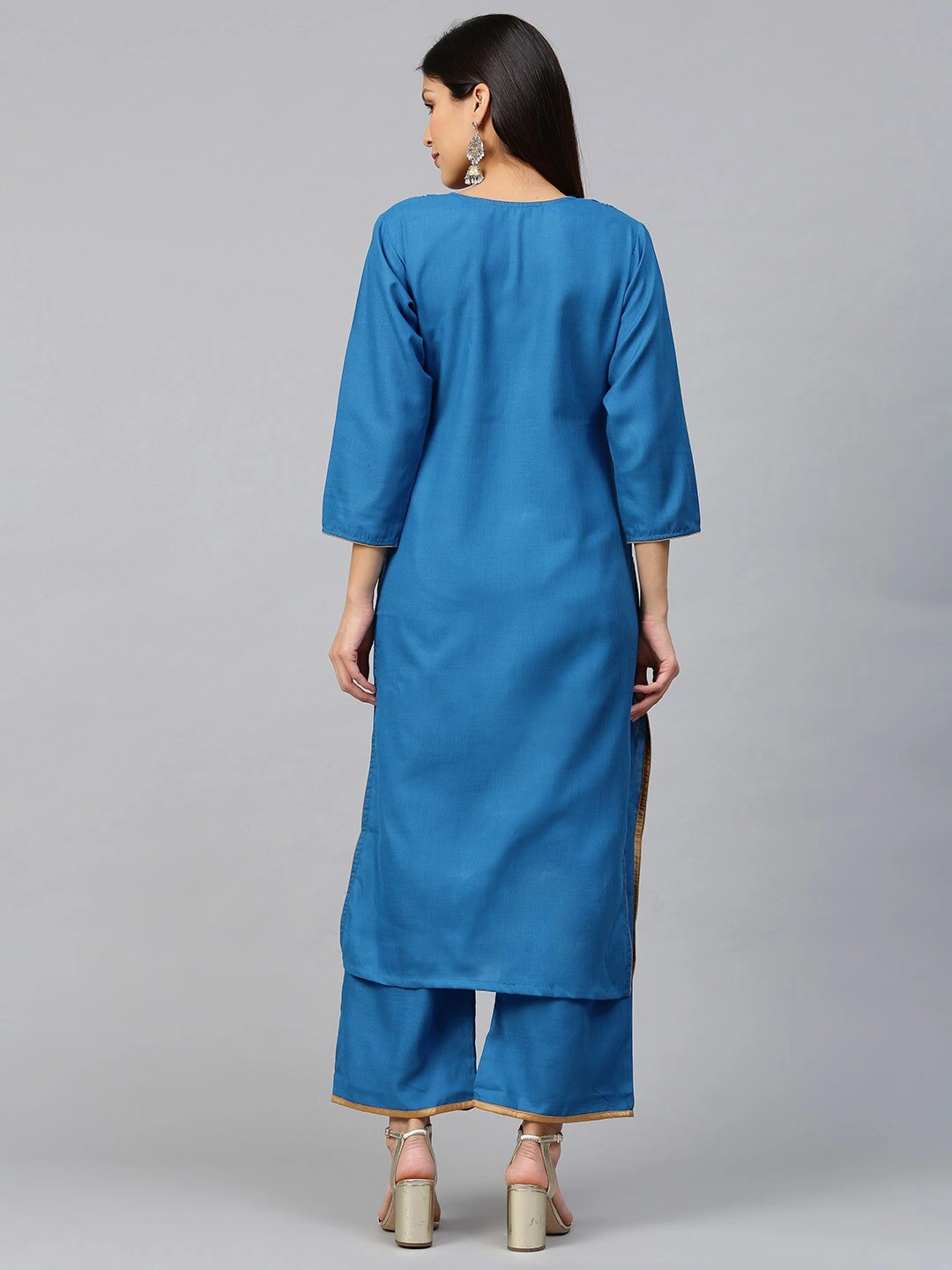 Bhama Couture Women Teal Blue &amp; Golden Gotta Patti Embroidered Kurta with Palazzos-L-3