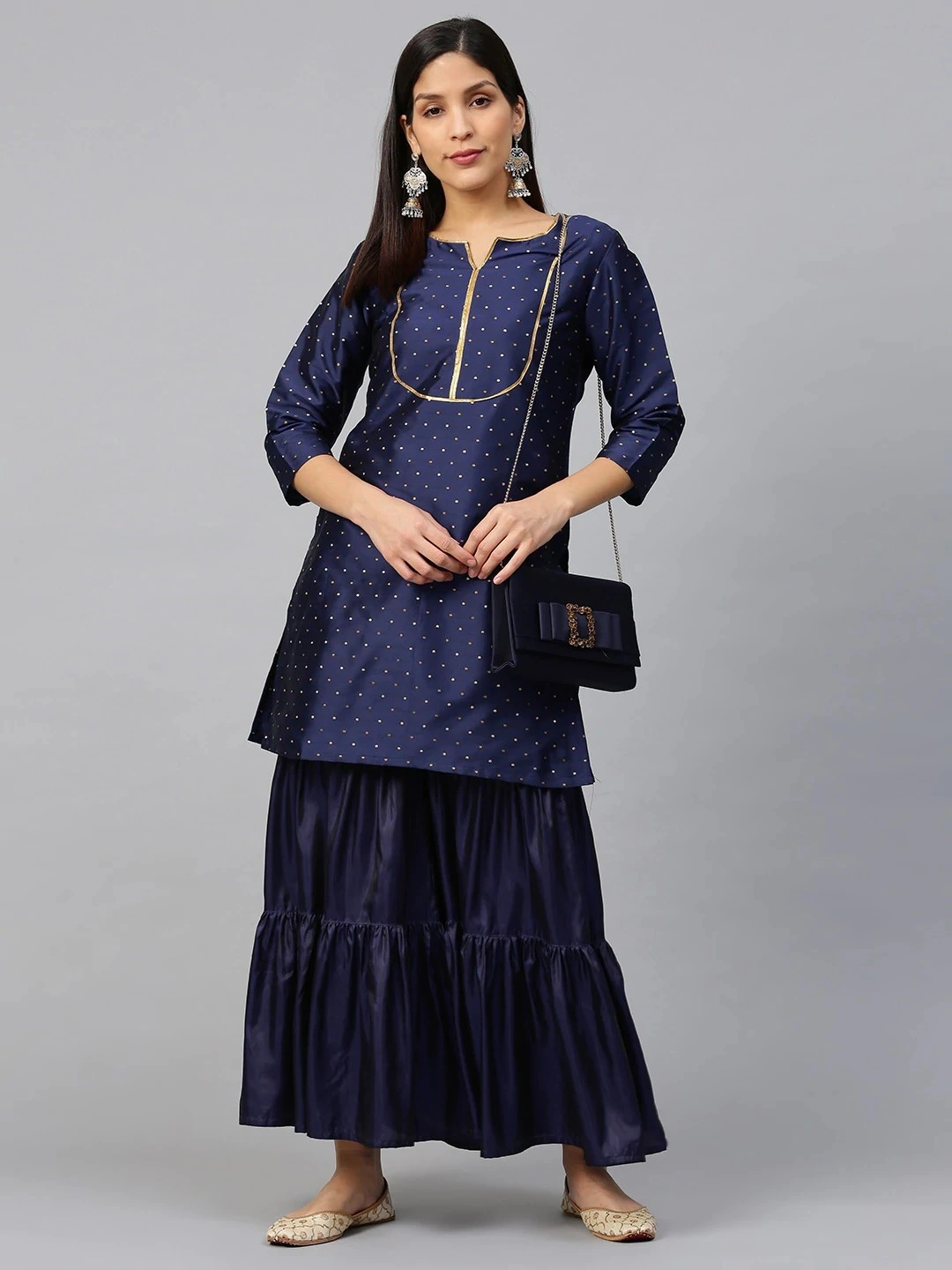 Bhama Couture Women Navy Blue &amp; Golden Satin Finish Self Design Kurta with Sharara-BHKS309_L