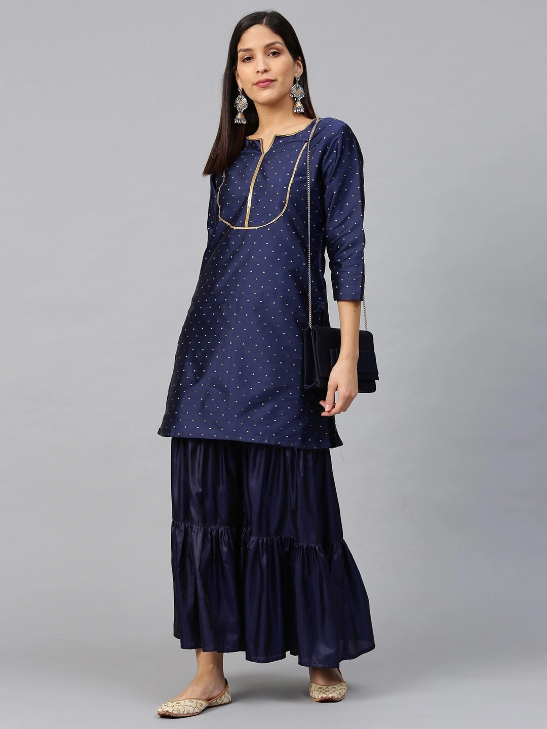 Bhama Couture Women Navy Blue &amp; Golden Satin Finish Self Design Kurta with Sharara-L-1