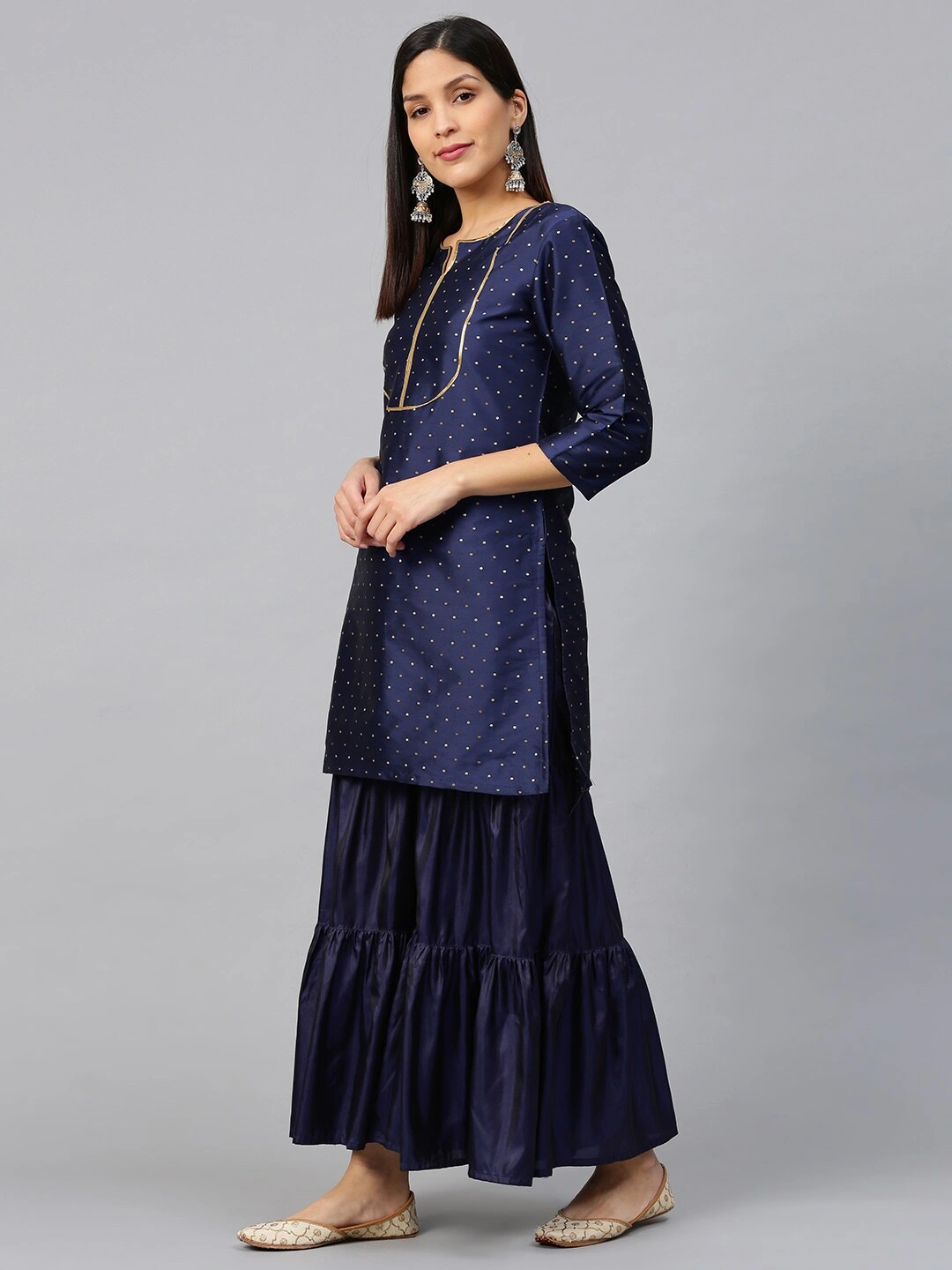 Bhama Couture Women Navy Blue &amp; Golden Satin Finish Self Design Kurta with Sharara-XL-2