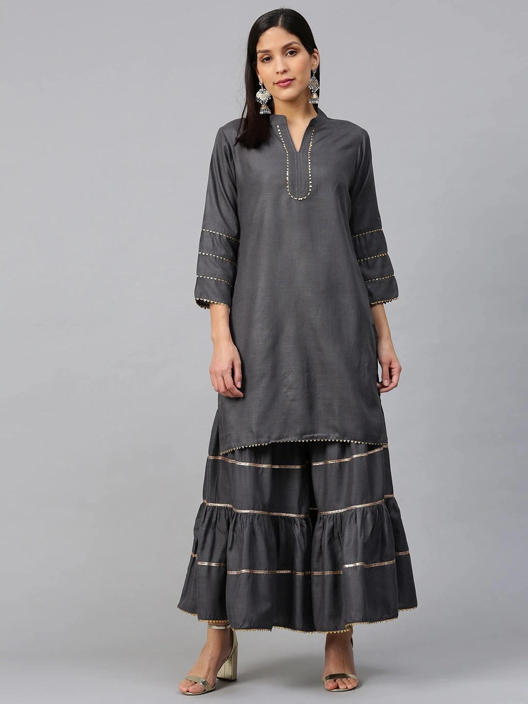 Bhama Couture Women Charcoal Grey Gotta Patti Kurta with Sharara-BHKS311_L