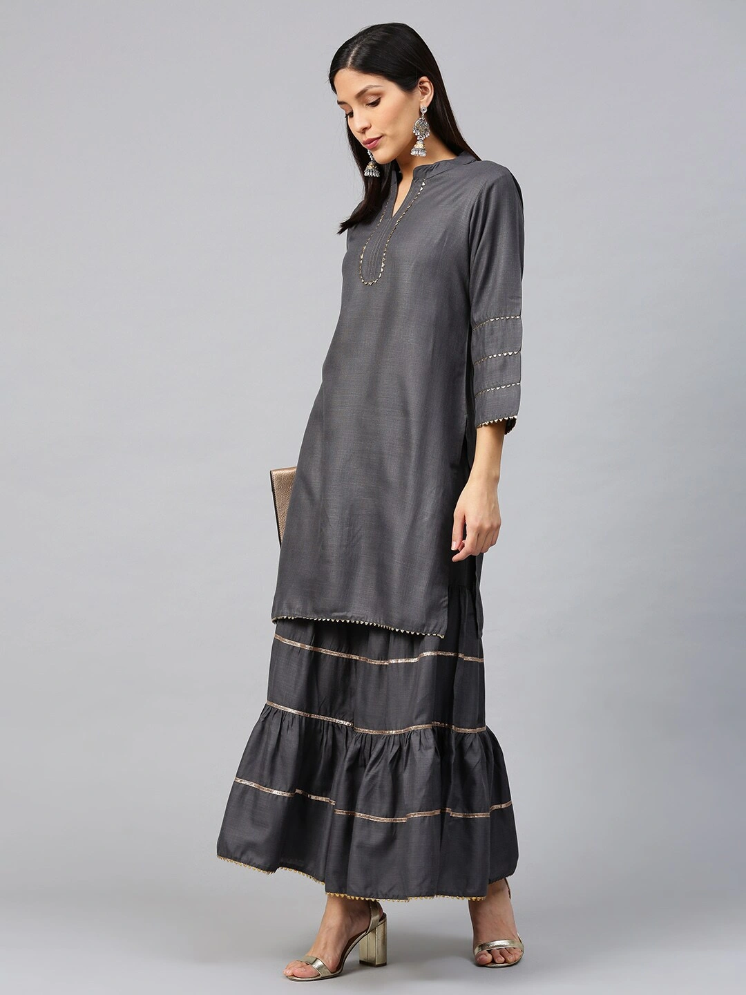 Bhama Couture Women Charcoal Grey Gotta Patti Kurta with Sharara-L-1