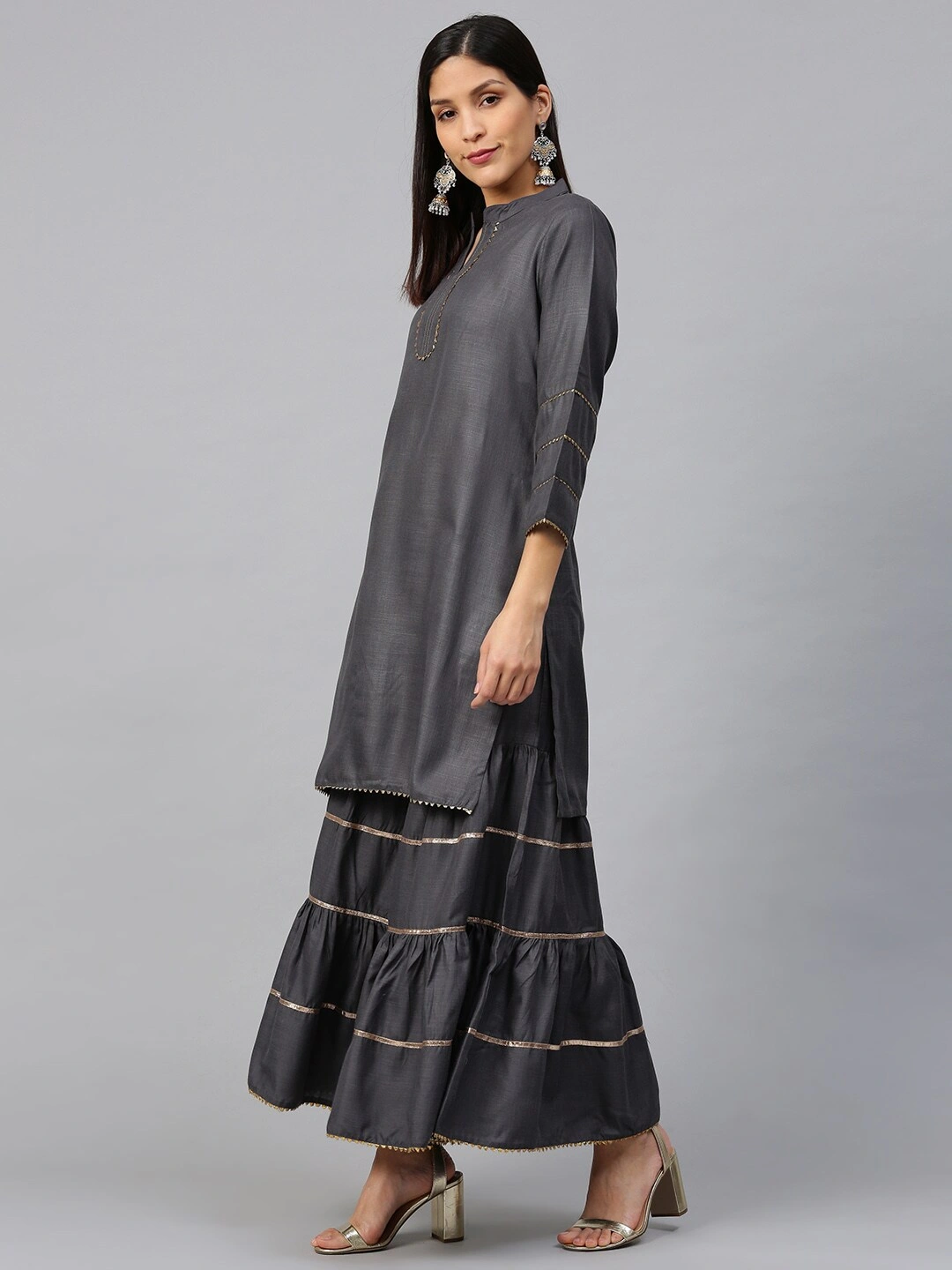 Bhama Couture Women Charcoal Grey Gotta Patti Kurta with Sharara-L-2