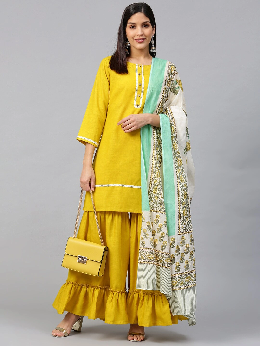 Bhama Couture Women Mustard Yellow Solid Kurta with Sharara &amp; Dupatta-L-1