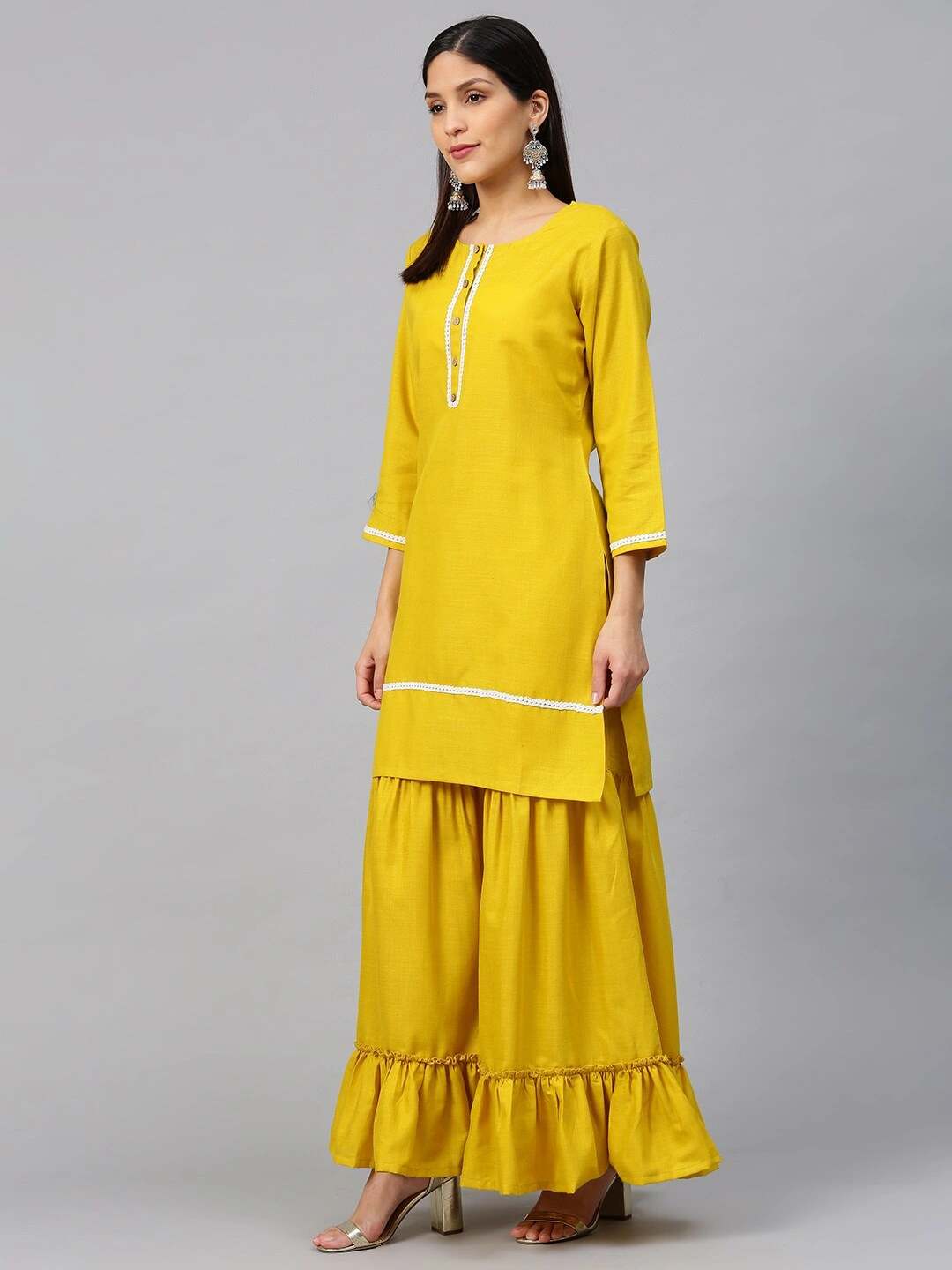 Bhama Couture Women Mustard Yellow Solid Kurta with Sharara &amp; Dupatta-L-2