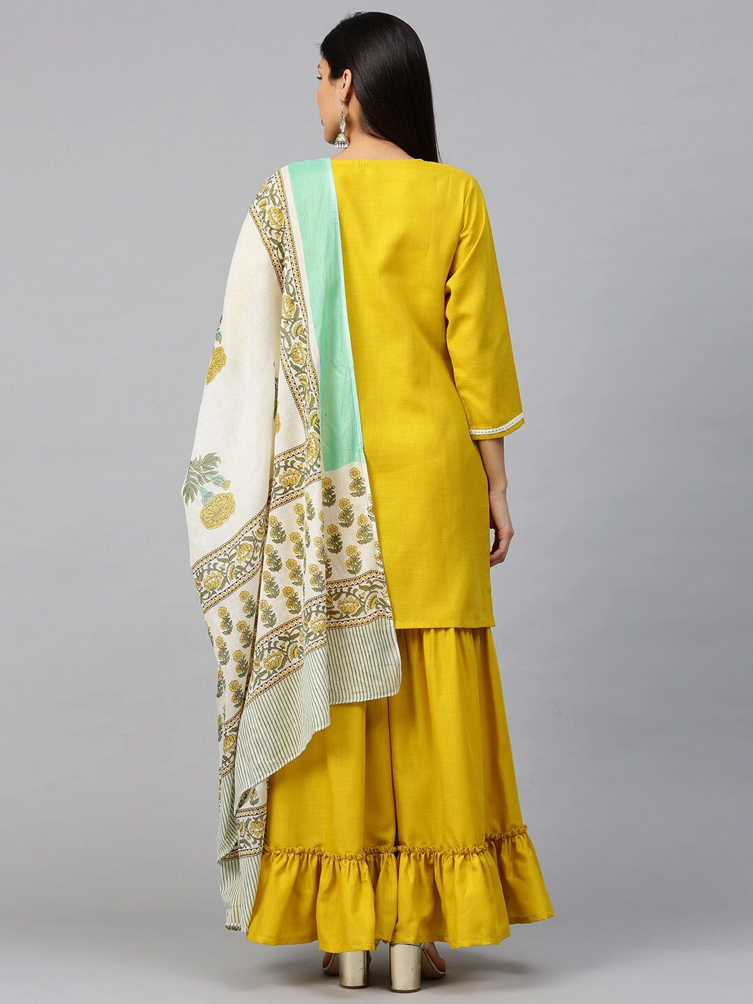 Bhama Couture Women Mustard Yellow Solid Kurta with Sharara &amp; Dupatta-L-3