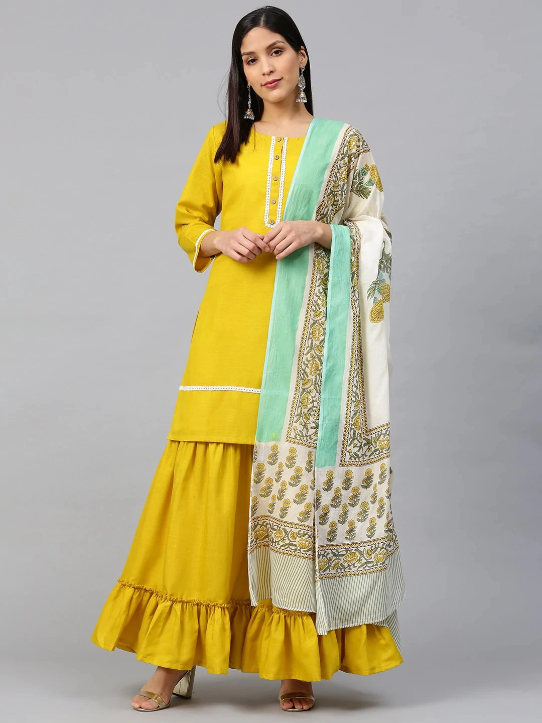 Bhama Couture Women Mustard Yellow Solid Kurta with Sharara &amp; Dupatta-BHKS312_S