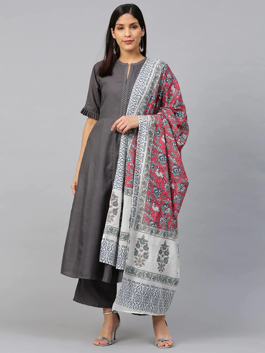 Bhama Couture Women Charcoal Grey Solid Kurta with Palazzos &amp; Dupatta-BHKS313_L