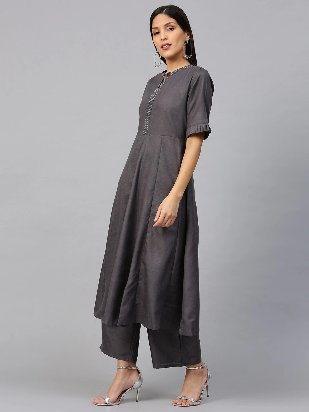 Bhama Couture Women Charcoal Grey Solid Kurta with Palazzos &amp; Dupatta-S-2