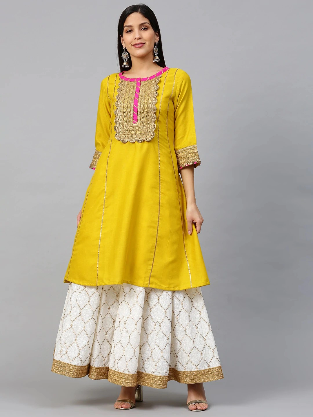 Bhama Couture Women Mustard &amp; White Gotta Patti Striped Kurta with Block Printed Skirt-BHKS314_L