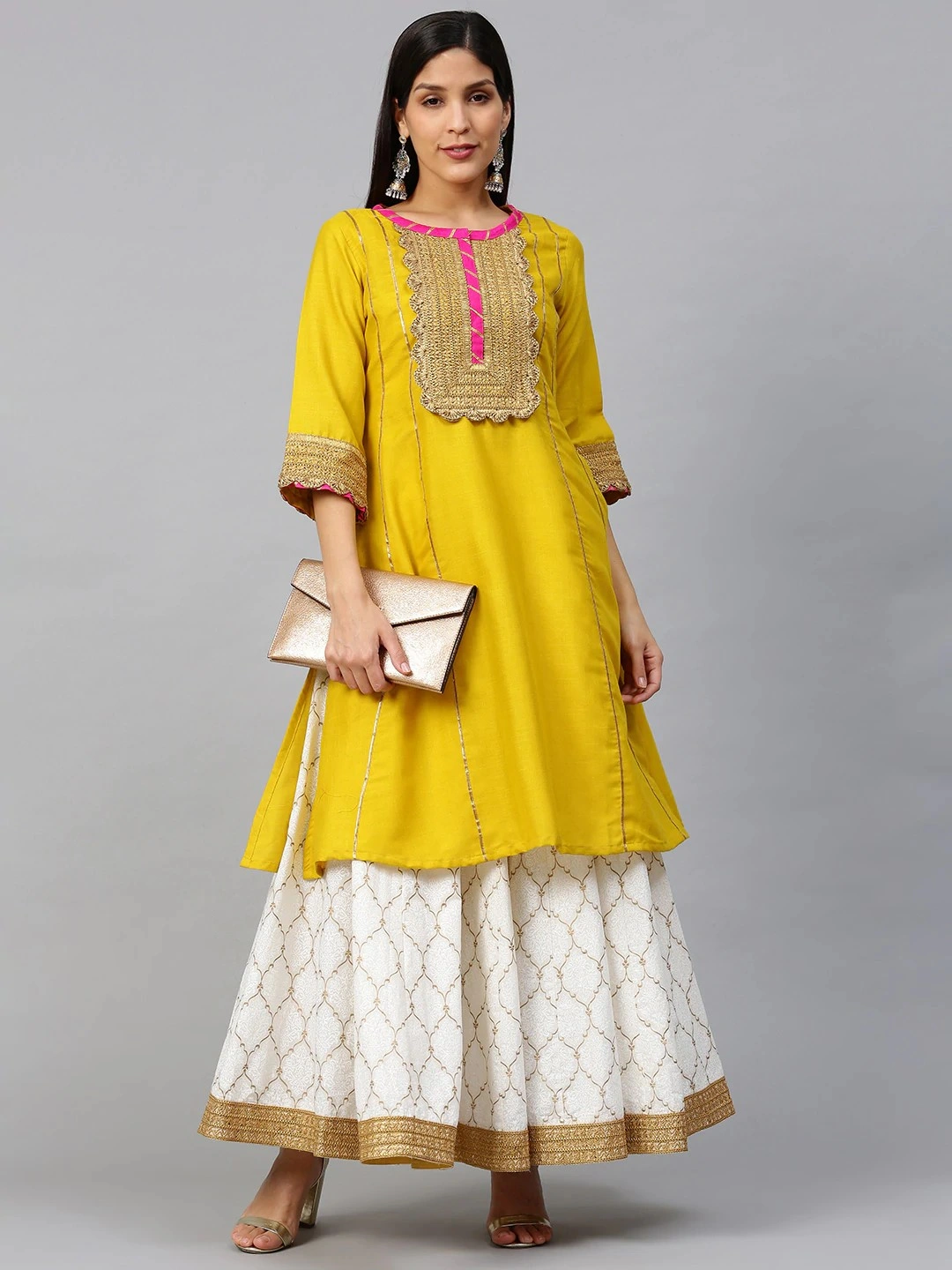 Bhama Couture Women Mustard &amp; White Gotta Patti Striped Kurta with Block Printed Skirt-L-1