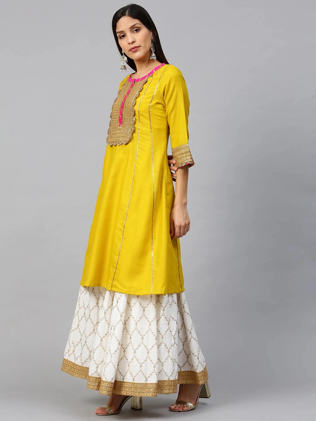 Bhama Couture Women Mustard &amp; White Gotta Patti Striped Kurta with Block Printed Skirt-L-2