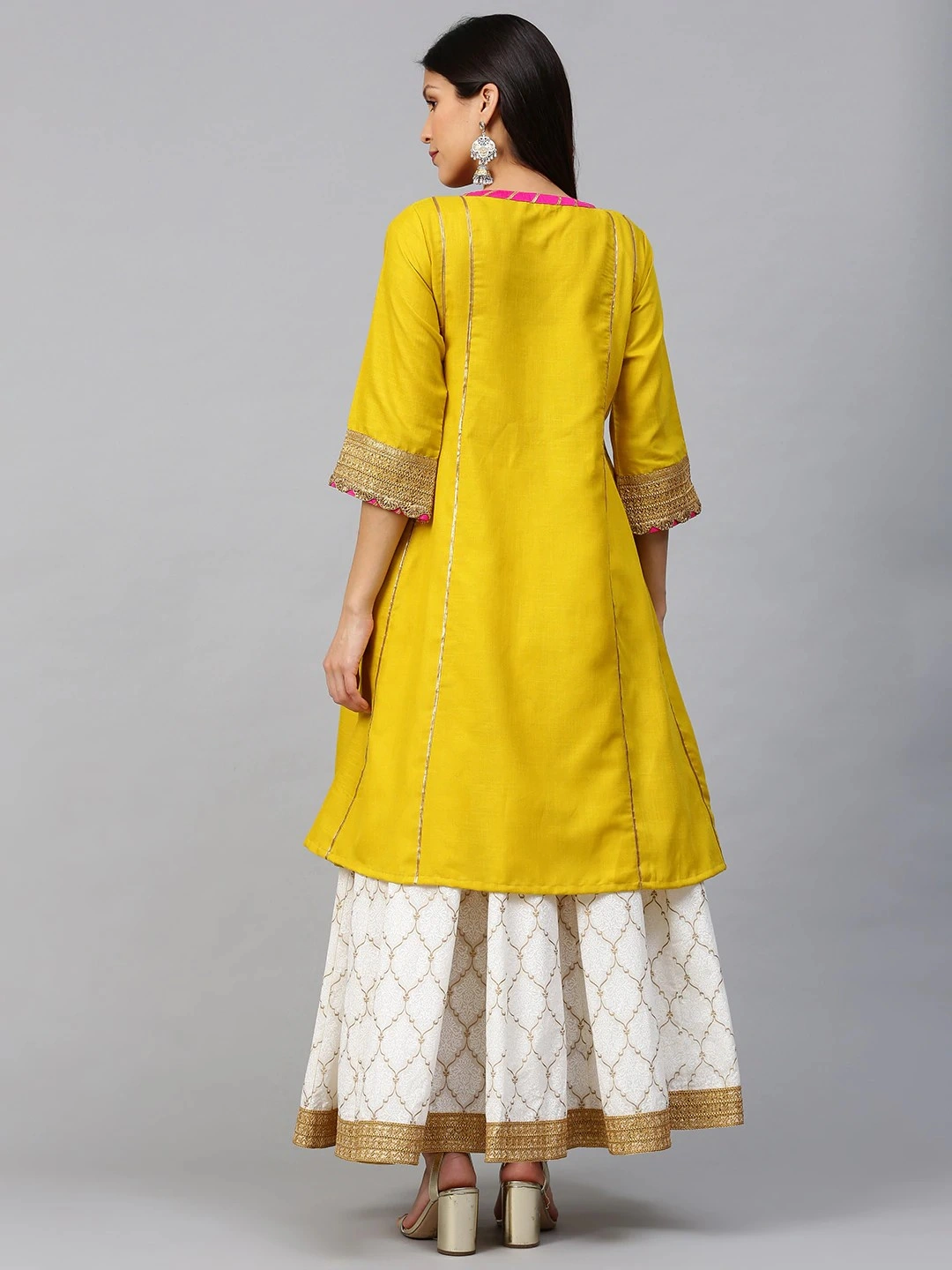 Bhama Couture Women Mustard &amp; White Gotta Patti Striped Kurta with Block Printed Skirt-L-3