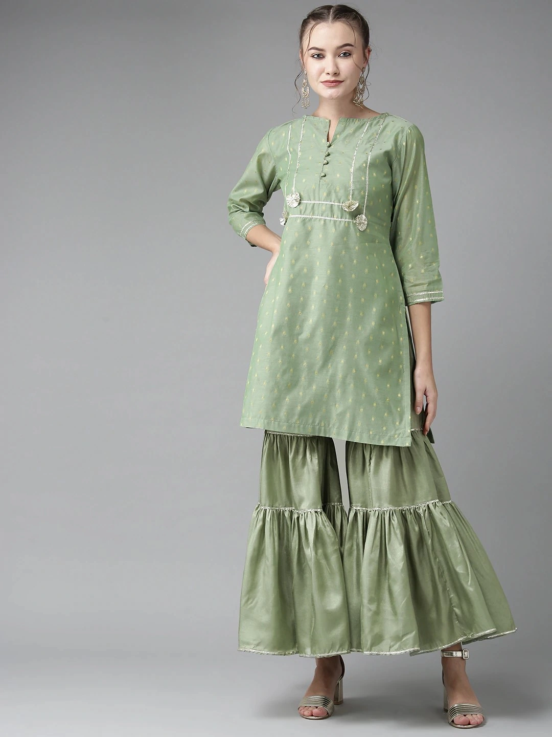 Bhama Couture Women Green &amp; Golden Woven Design Kurta with Sharara-KS002_XL