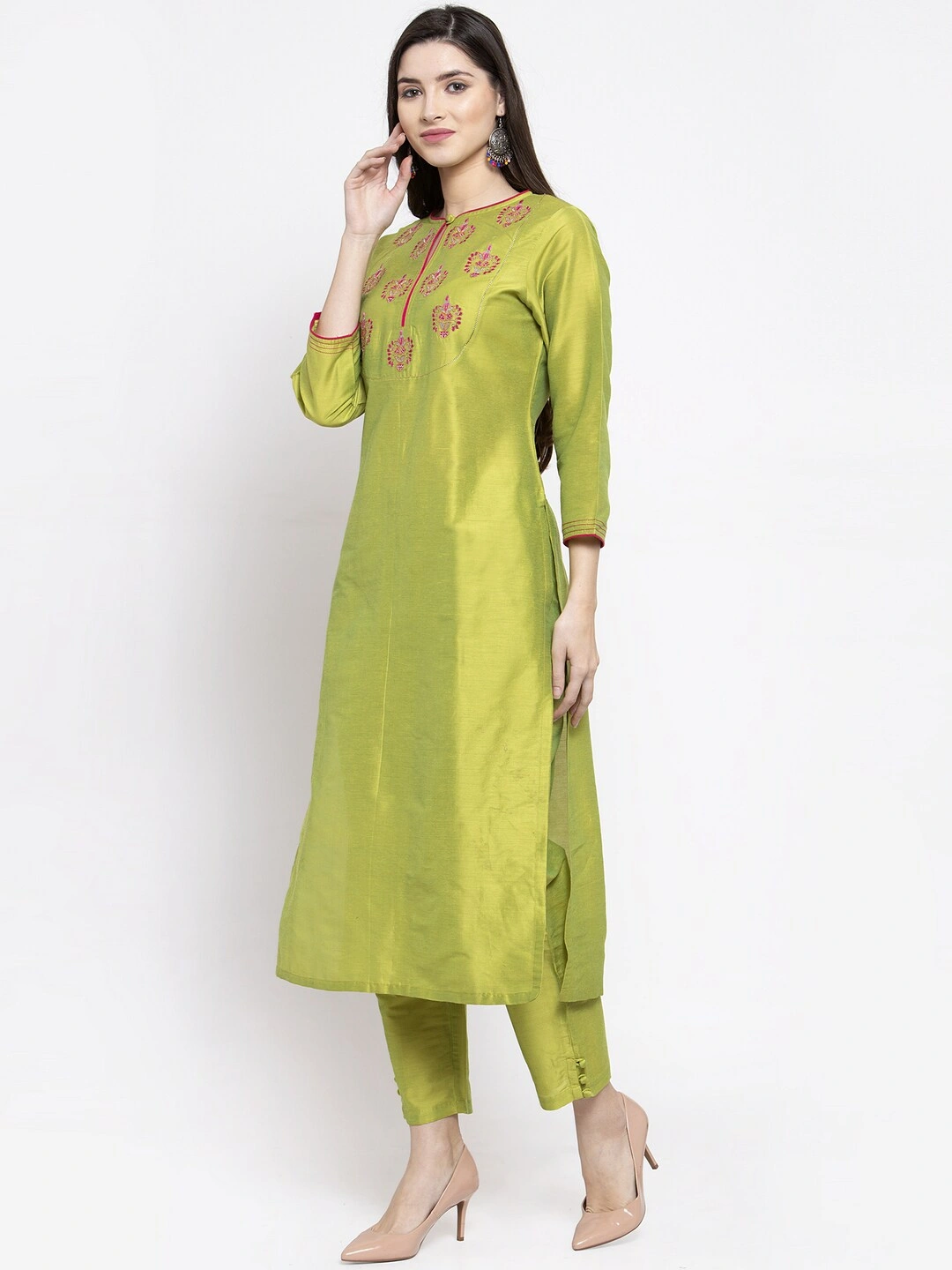 Bhama Couture Women Green Embroidered Kurta Set With Pyjamas &amp; Dupatta-S-1