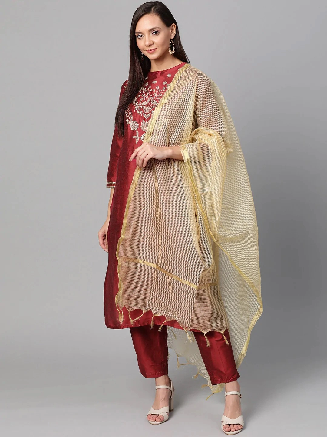 Bhama Couture Women Maroon &amp; Golden Yoke Design Kurta with Trousers-KS004_L