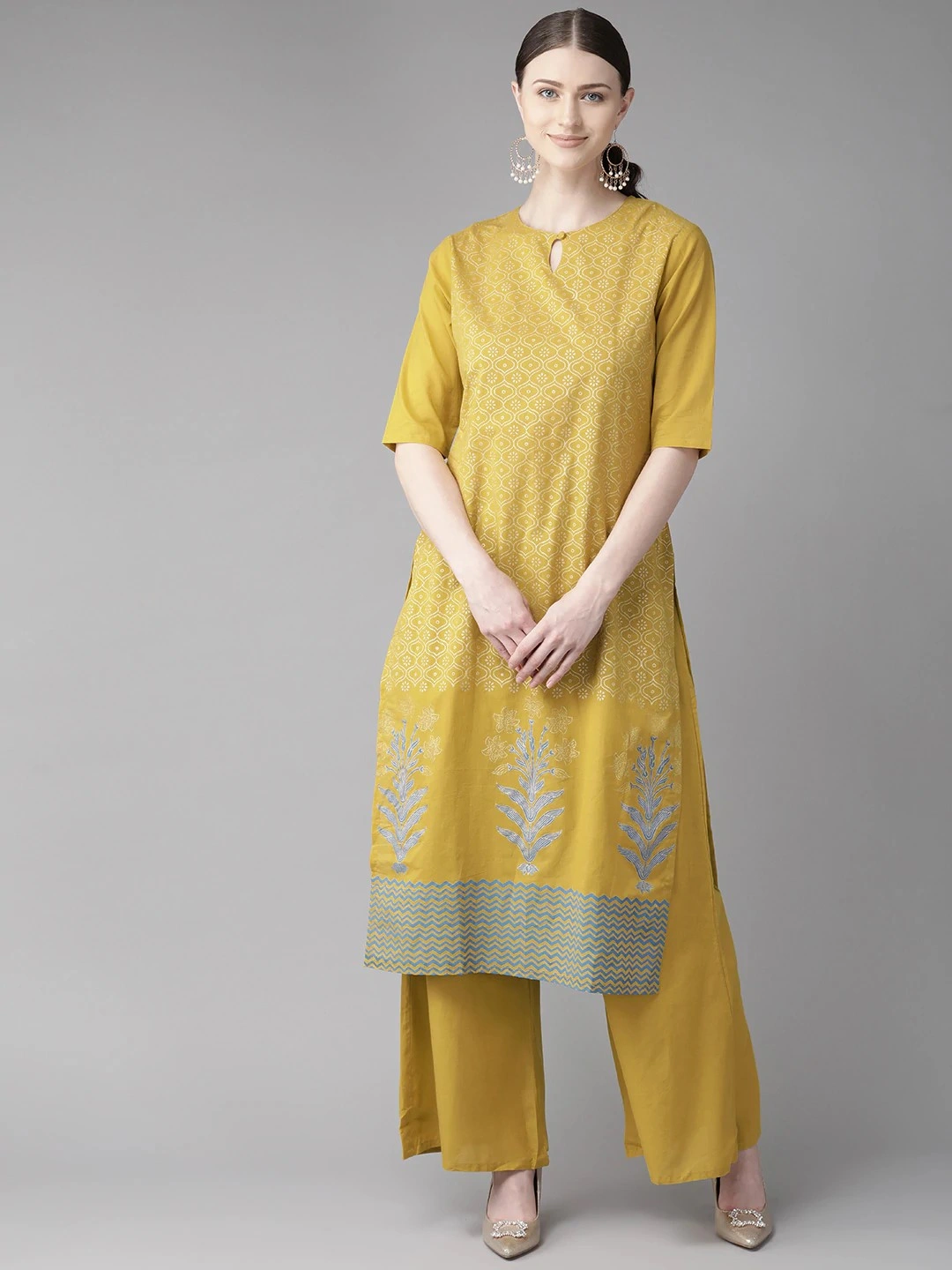 Bhama Couture Women Mustard Yellow &amp; Off-White Block Printed Kurta with Palazzos-KS010_L