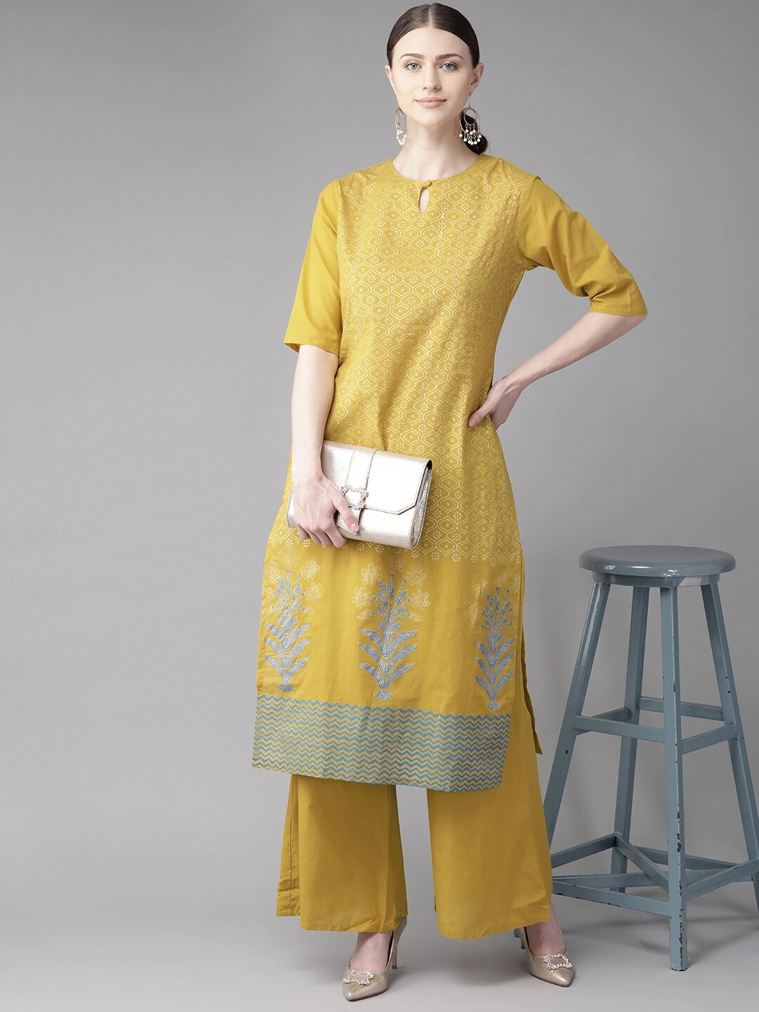 Bhama Couture Women Mustard Yellow &amp; Off-White Block Printed Kurta with Palazzos-L-1