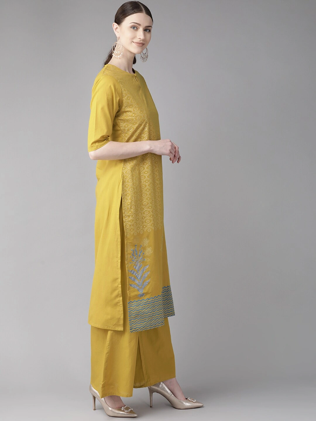 Bhama Couture Women Mustard Yellow &amp; Off-White Block Printed Kurta with Palazzos-L-2