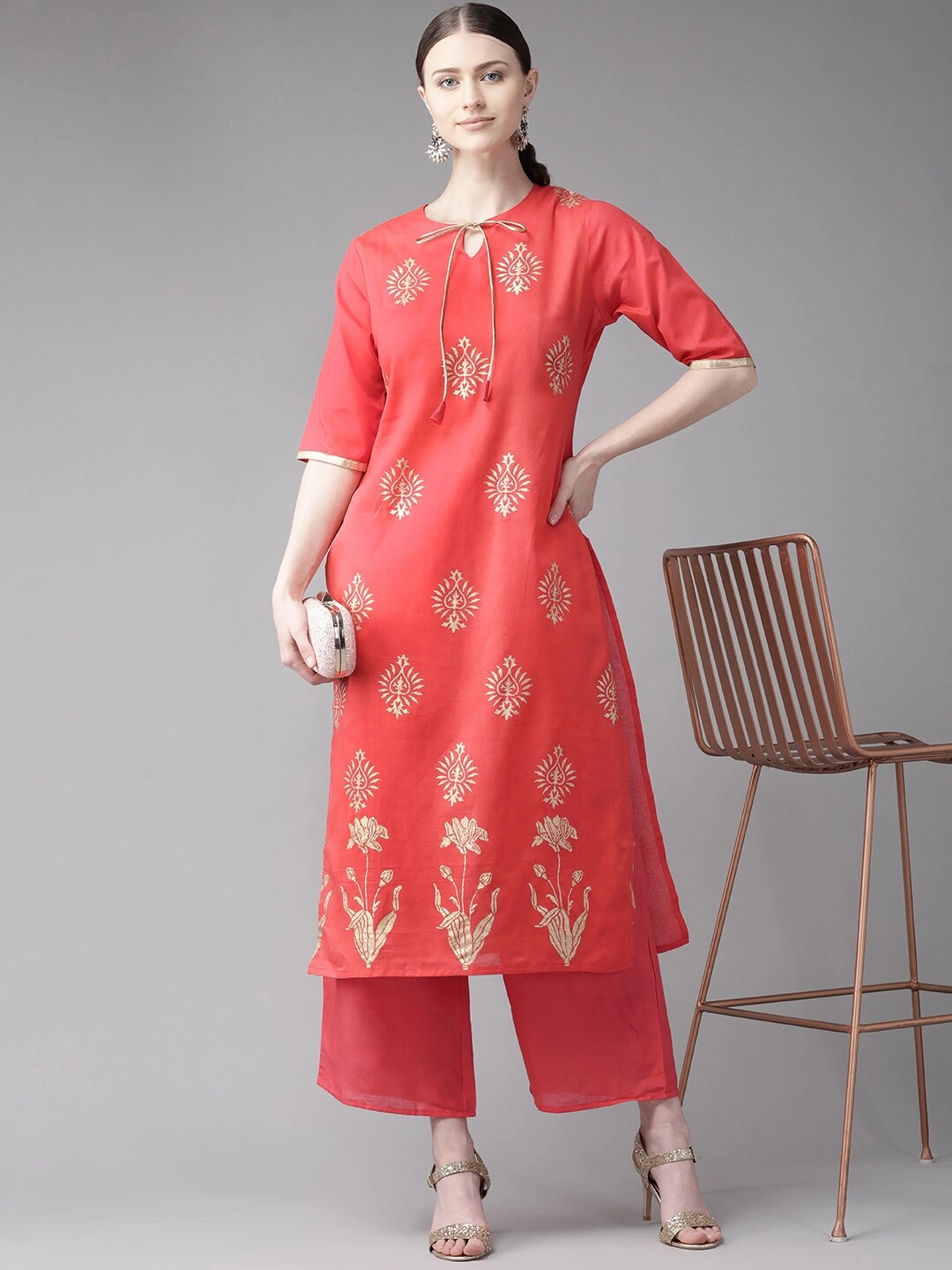 Bhama Couture Women Pink &amp; Golden Block Printed Kurta with Palazzos-L-1