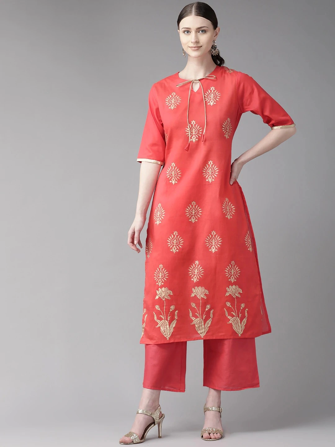 Bhama Couture Women Pink &amp; Golden Block Printed Kurta with Palazzos-KS011_M