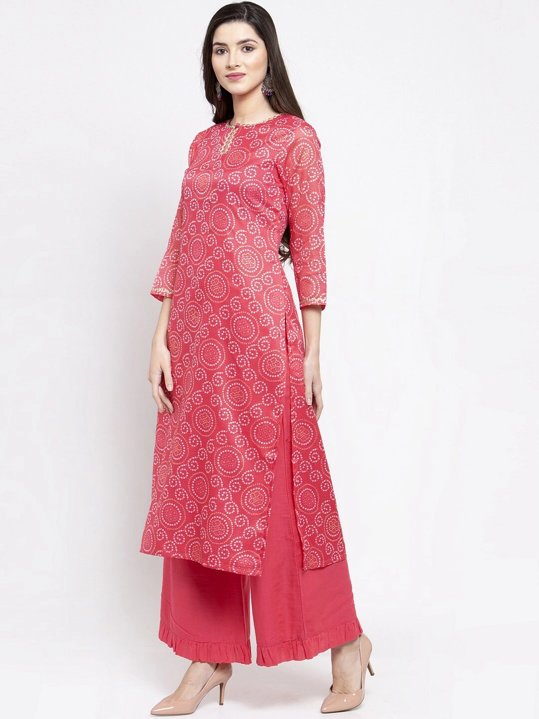 Bhama Couture Women Pink Printed Kurti with Palazzos-L-1