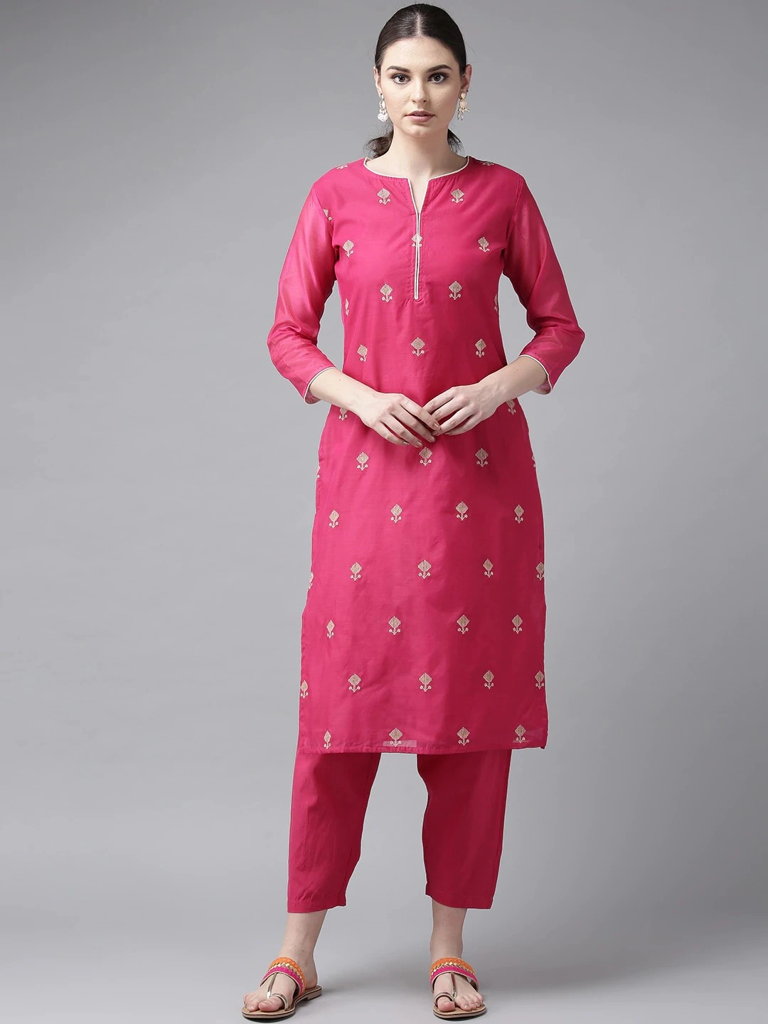 Bhama Couture Women Pink &amp; Cream-Coloured Embroidered Kurta with Trousers-KS020_L