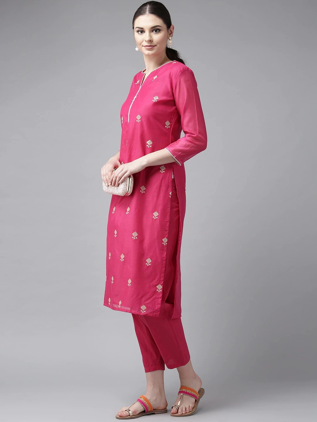 Bhama Couture Women Pink &amp; Cream-Coloured Embroidered Kurta with Trousers-L-1