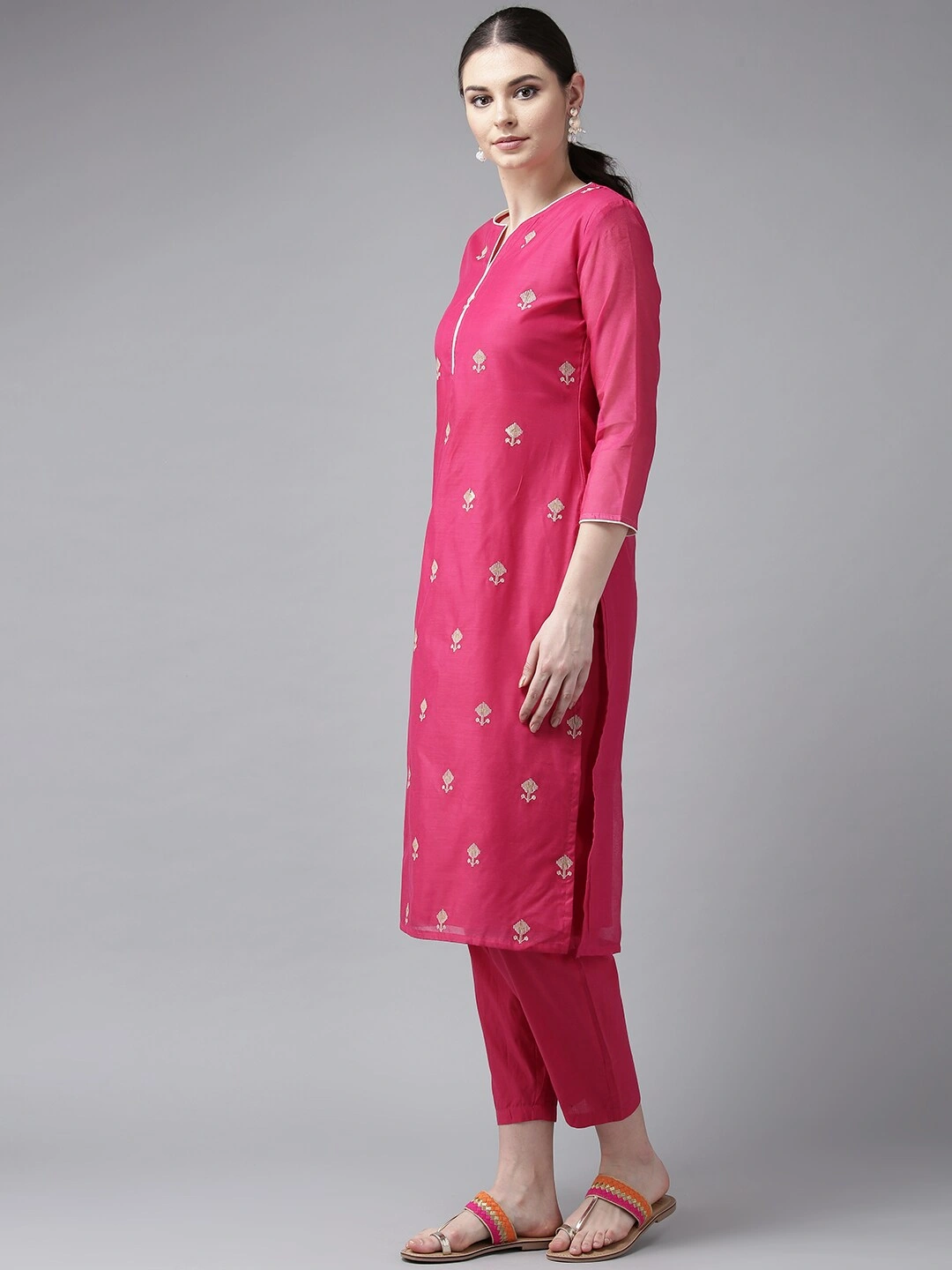 Bhama Couture Women Pink &amp; Cream-Coloured Embroidered Kurta with Trousers-L-2