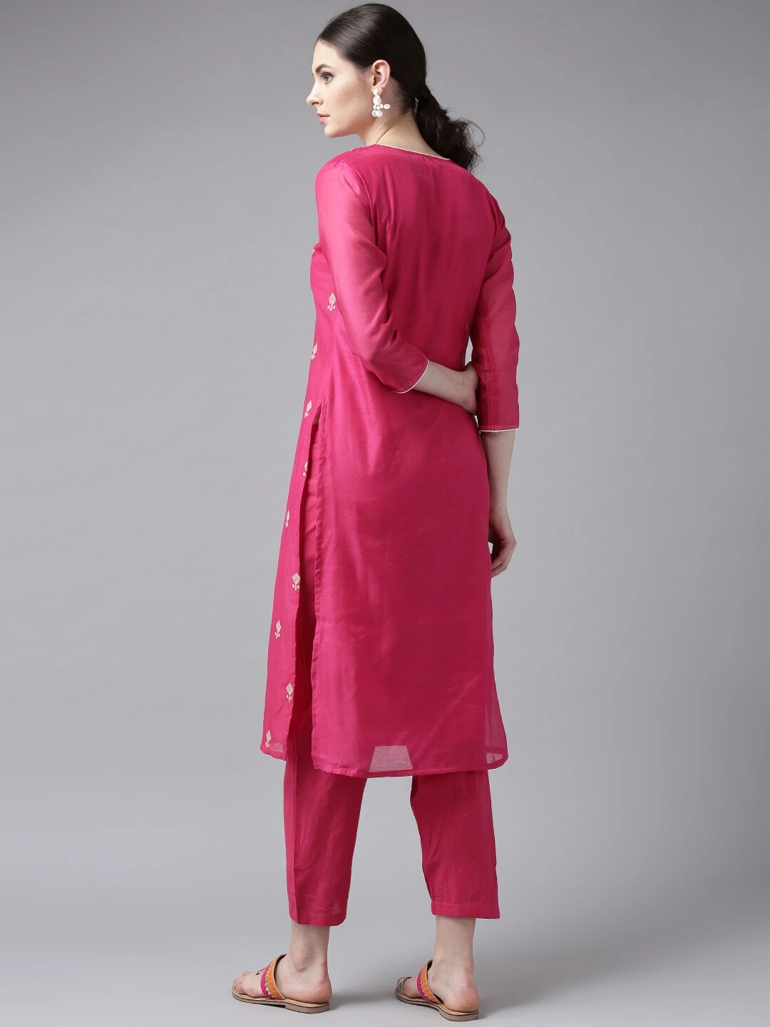 Bhama Couture Women Pink &amp; Cream-Coloured Embroidered Kurta with Trousers-L-3