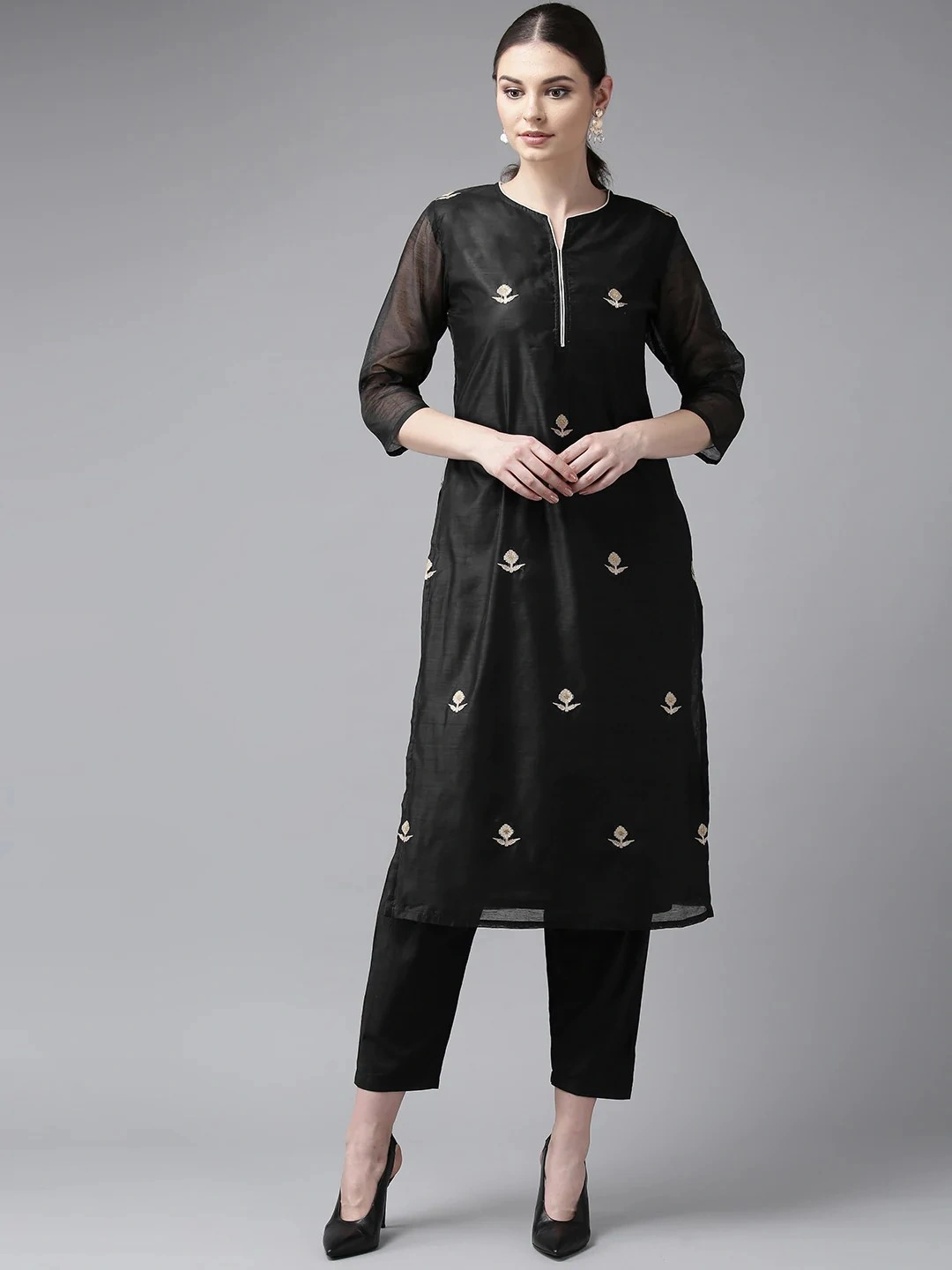 Bhama Couture Women Black &amp; Cream-Coloured Embroidered Kurta with Trousers-KS021_M