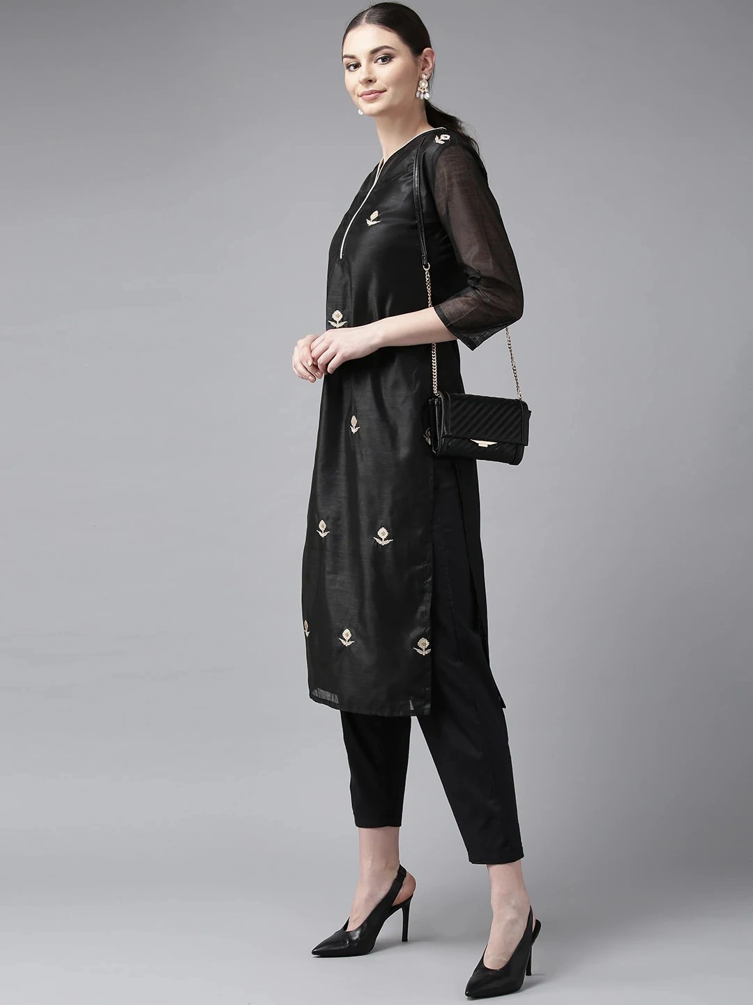 Bhama Couture Women Black &amp; Cream-Coloured Embroidered Kurta with Trousers-M-1