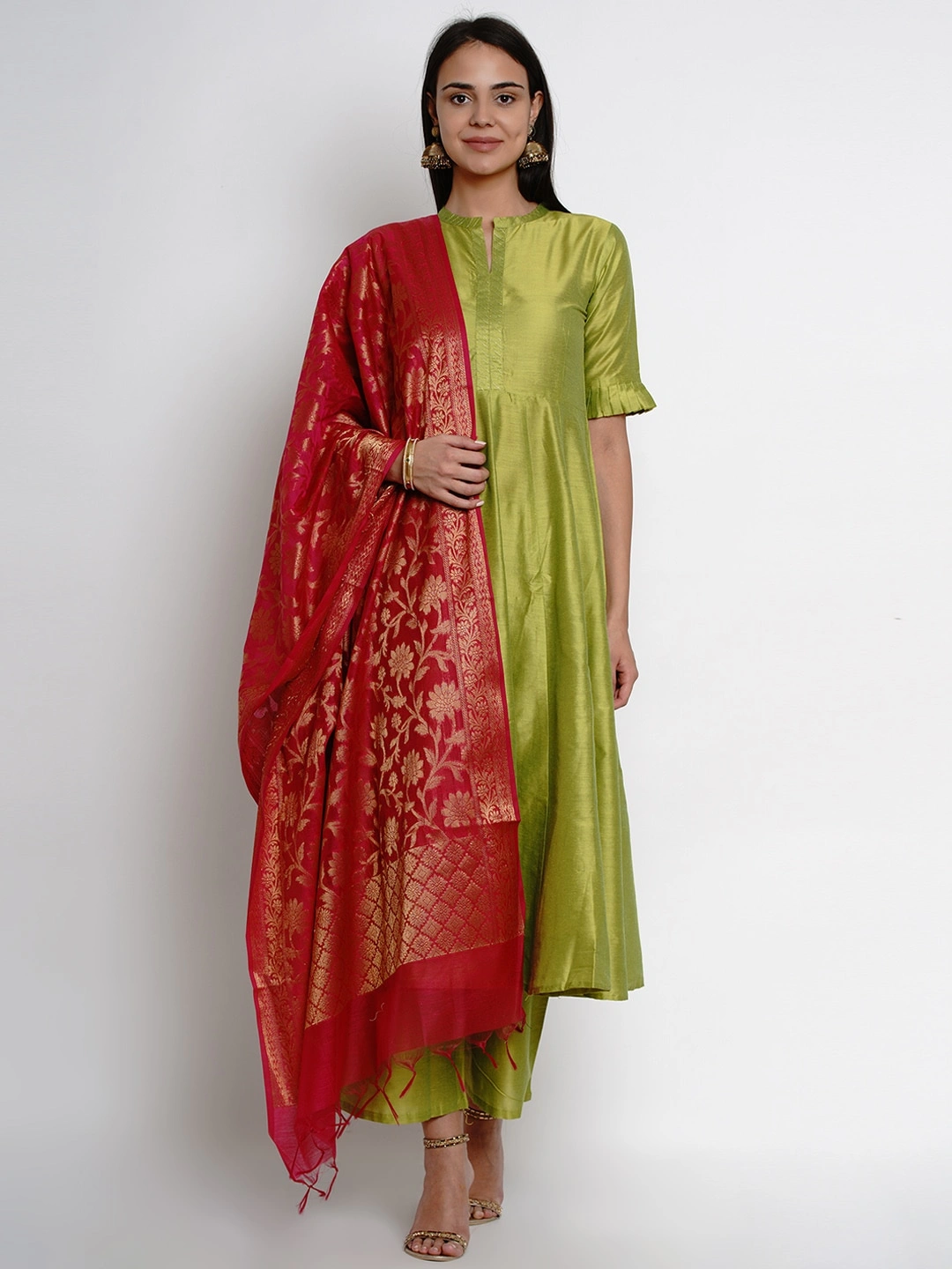 Bhama Couture Women Green &amp; Red Solid Kurta with Palazzos &amp; Dupatta-KS022_L