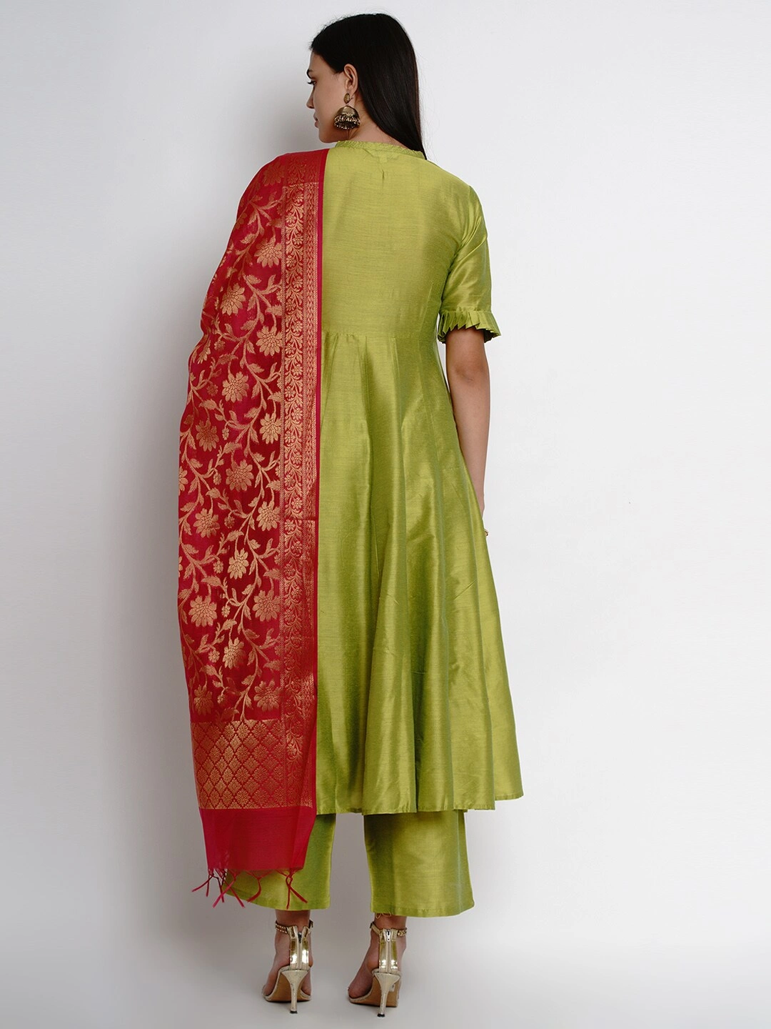 Bhama Couture Women Green &amp; Red Solid Kurta with Palazzos &amp; Dupatta-L-3