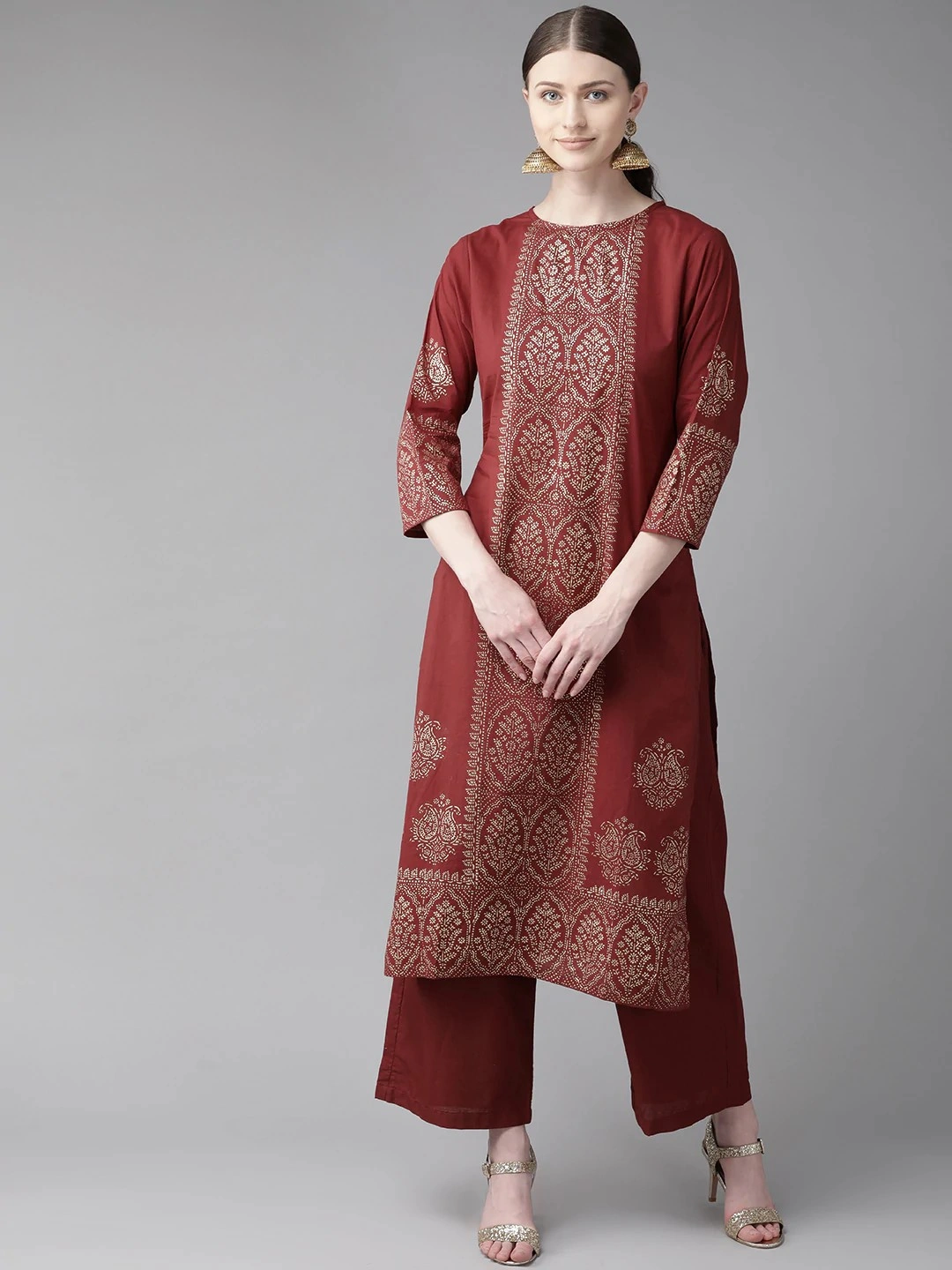 Bhama Couture Women Maroon &amp; Golden Block Print Kurta with Palazzos-KS024_L