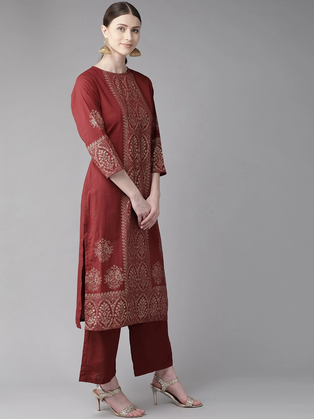 Bhama Couture Women Maroon &amp; Golden Block Print Kurta with Palazzos-L-2