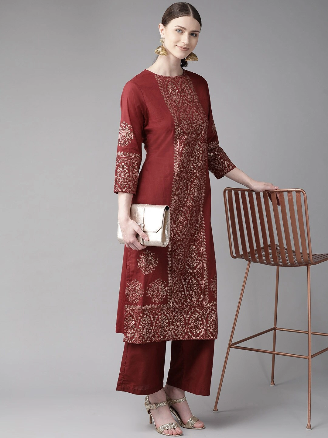 Bhama Couture Women Maroon &amp; Golden Block Print Kurta with Palazzos-M-1