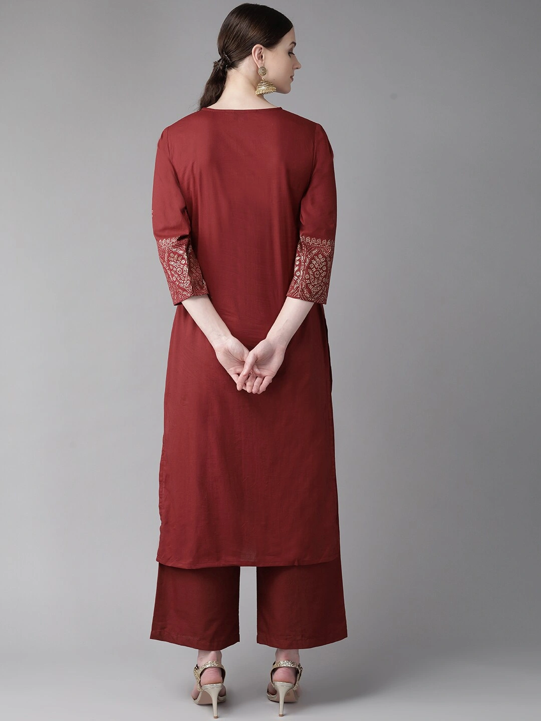 Bhama Couture Women Maroon &amp; Golden Block Print Kurta with Palazzos-M-3