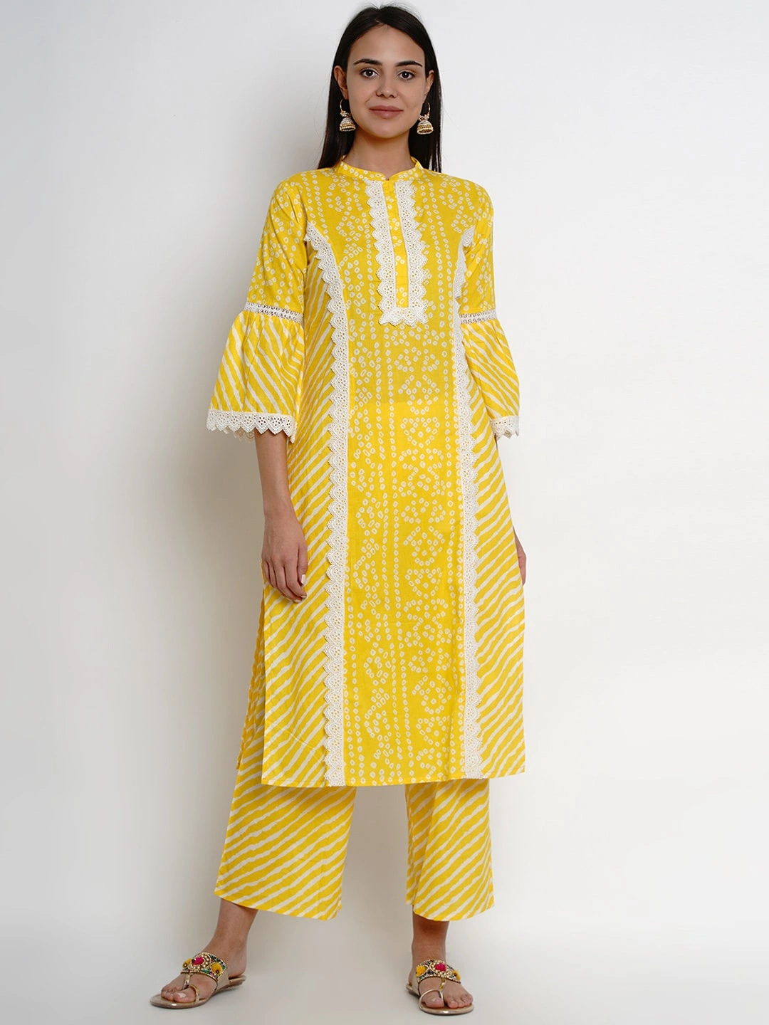 Bhama Couture Women Yellow &amp; White Printed Kurta with Palazzos-KS027_L