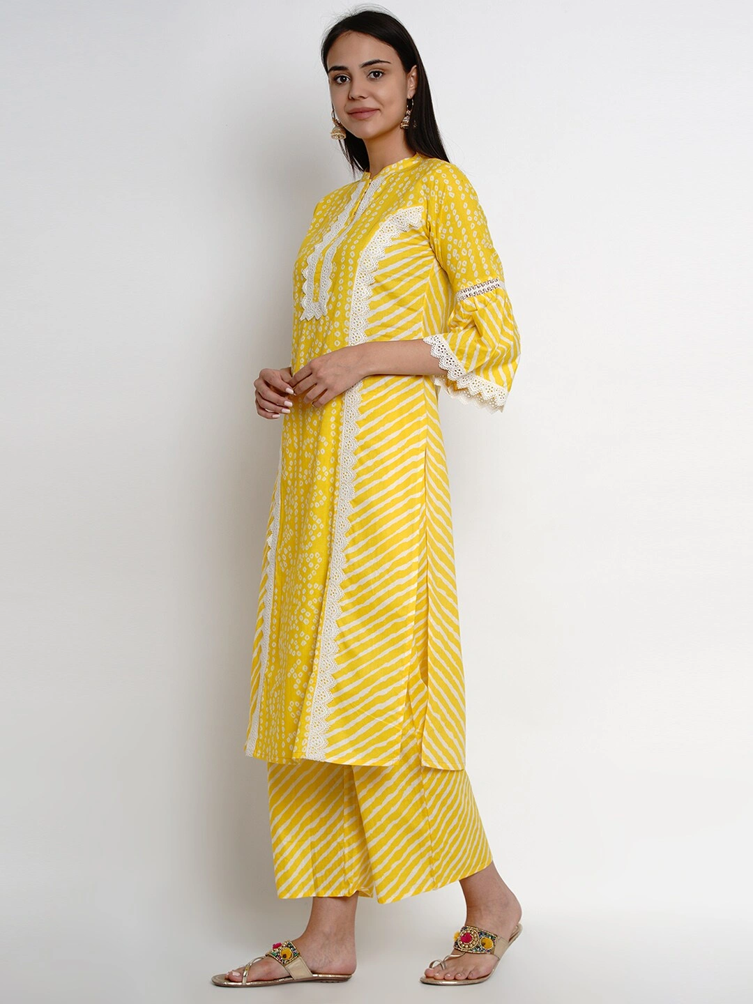 Bhama Couture Women Yellow &amp; White Printed Kurta with Palazzos-L-1